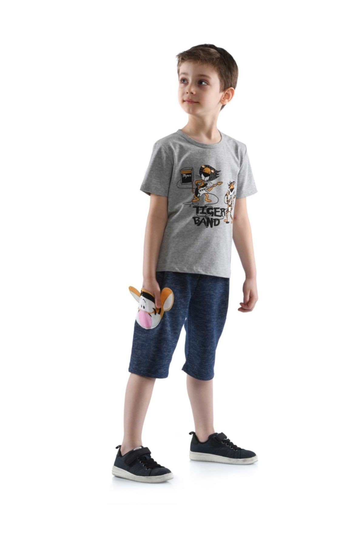 Cute Crazy Erkek Kaplan Lacivert Şort & Gri T-shirt Takım Cc-set185