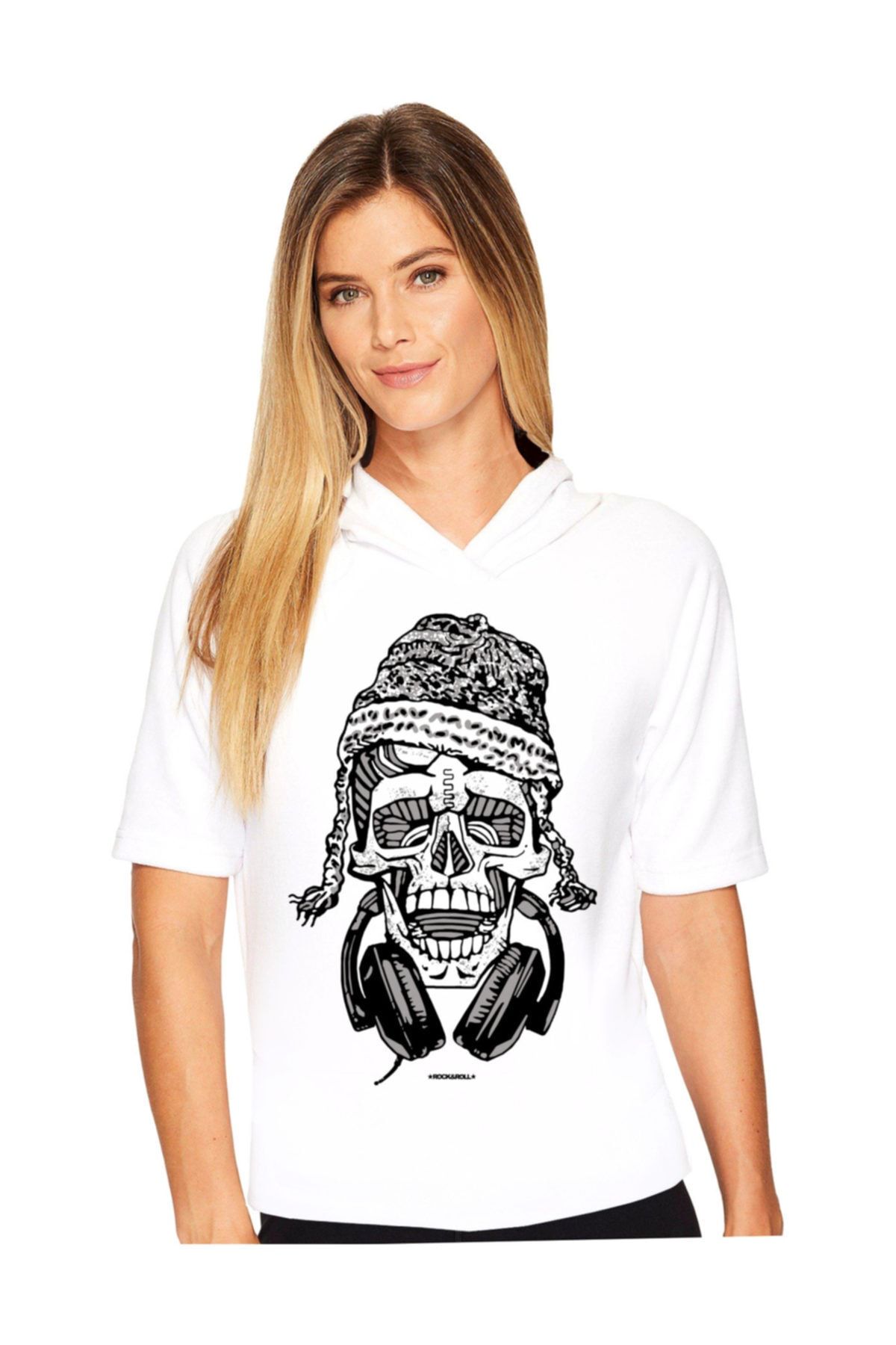ROCKANDROLL Nepalli Kurukafa Beyaz Kapşonlu Kısa Kollu Kadın T-shirt