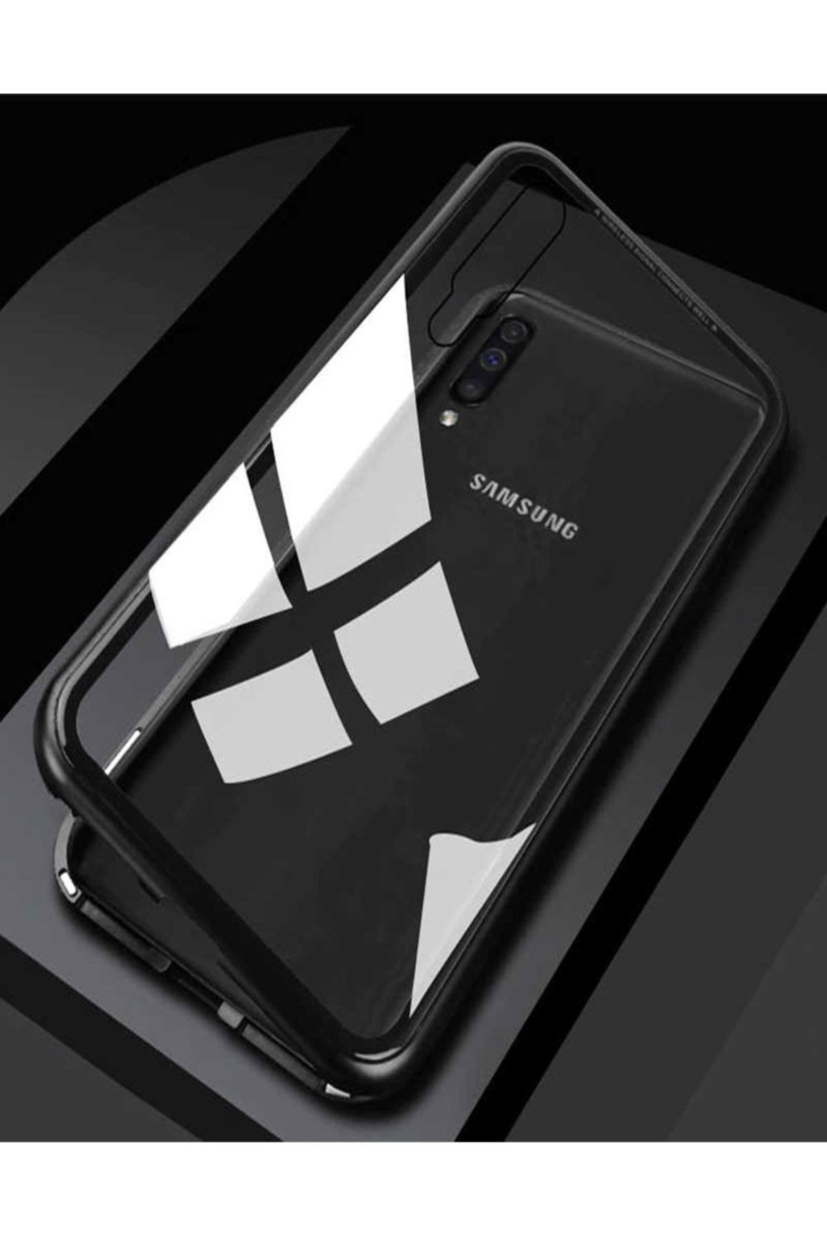 TahTicMer Galaxy A50 A505 Kılıf Metal Manyetik Bumper Mıknatıslı Arka Camlı Siyah
