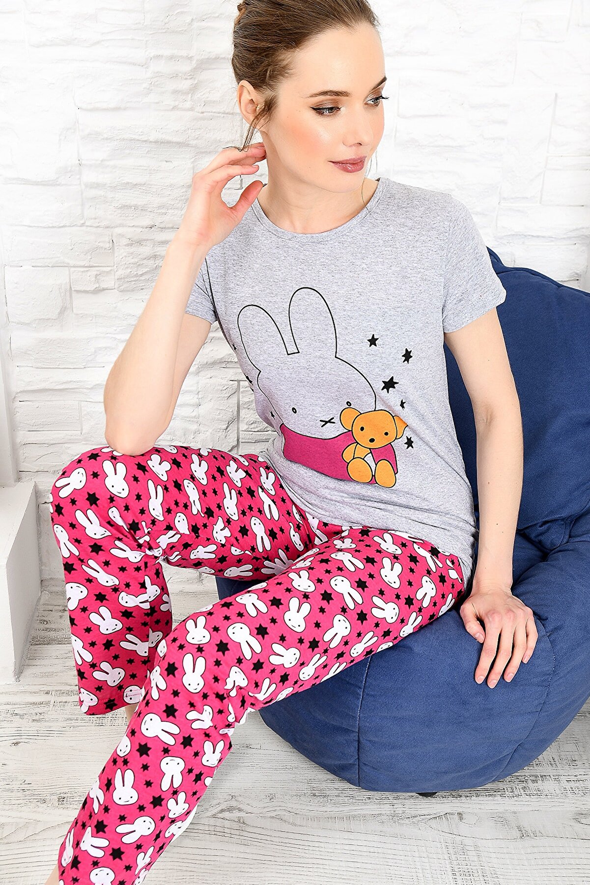 Trend Alaçatı Stili Kadın Grimelanj Baskılı Pijama Takımı ALC-X3972