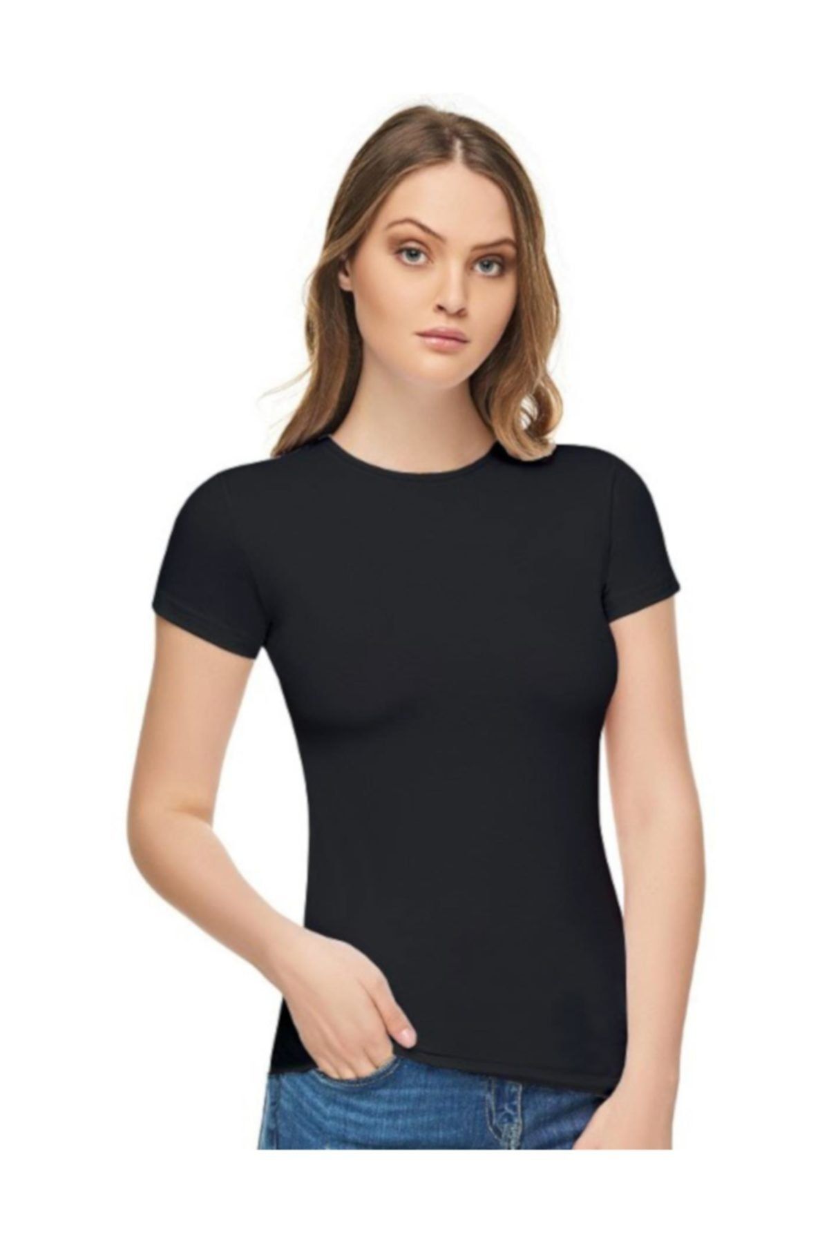 Tutku Elit Kadın Siyah 3'Lü Paket Sıfır Yaka Likralı  T-shirt