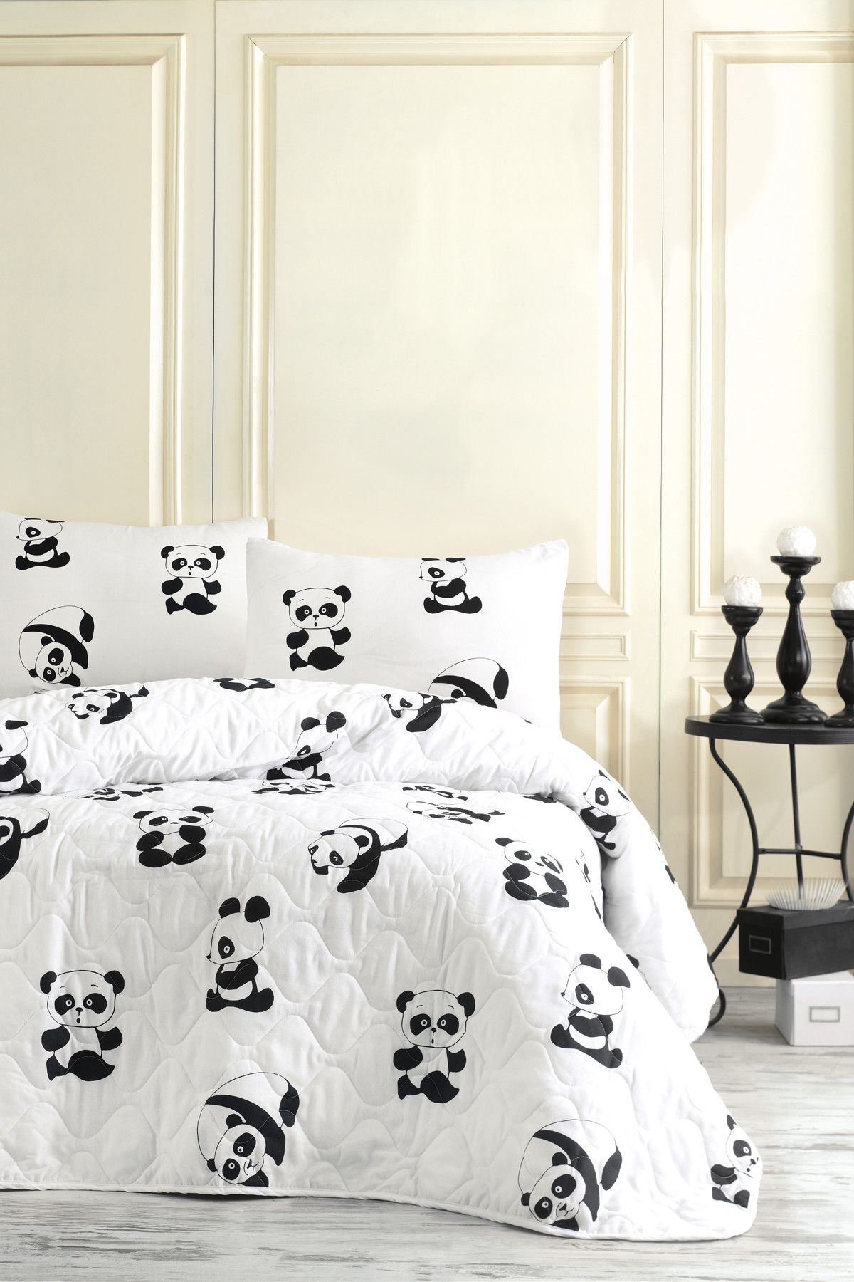 Eponj Home Kapitone Yatak Örtüsü Seti Tek Kişilik B&W Panda