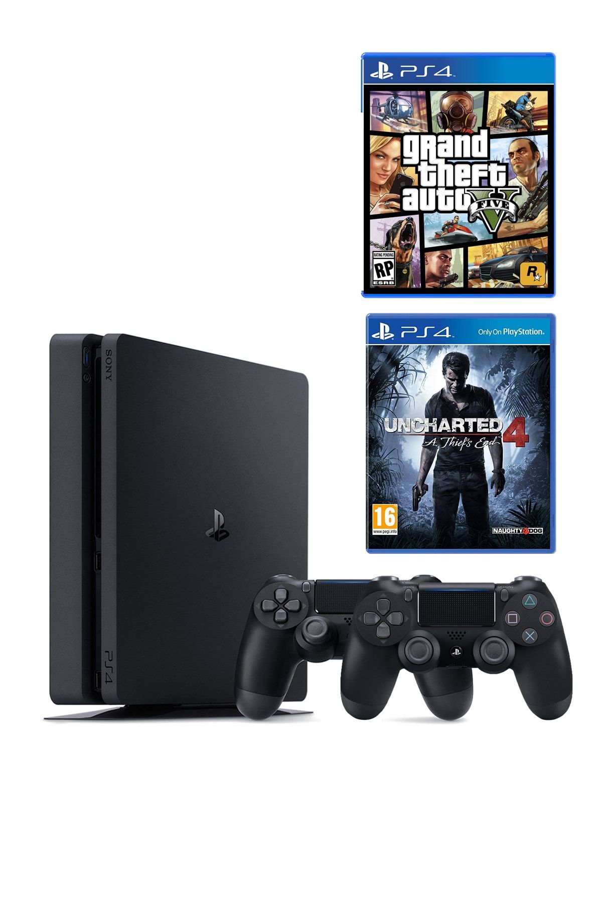 Sony Playstation 4 Slim 1 TB + 2. PS4 Kol + PS4 GTA 5 + PS4 Uncharted 4