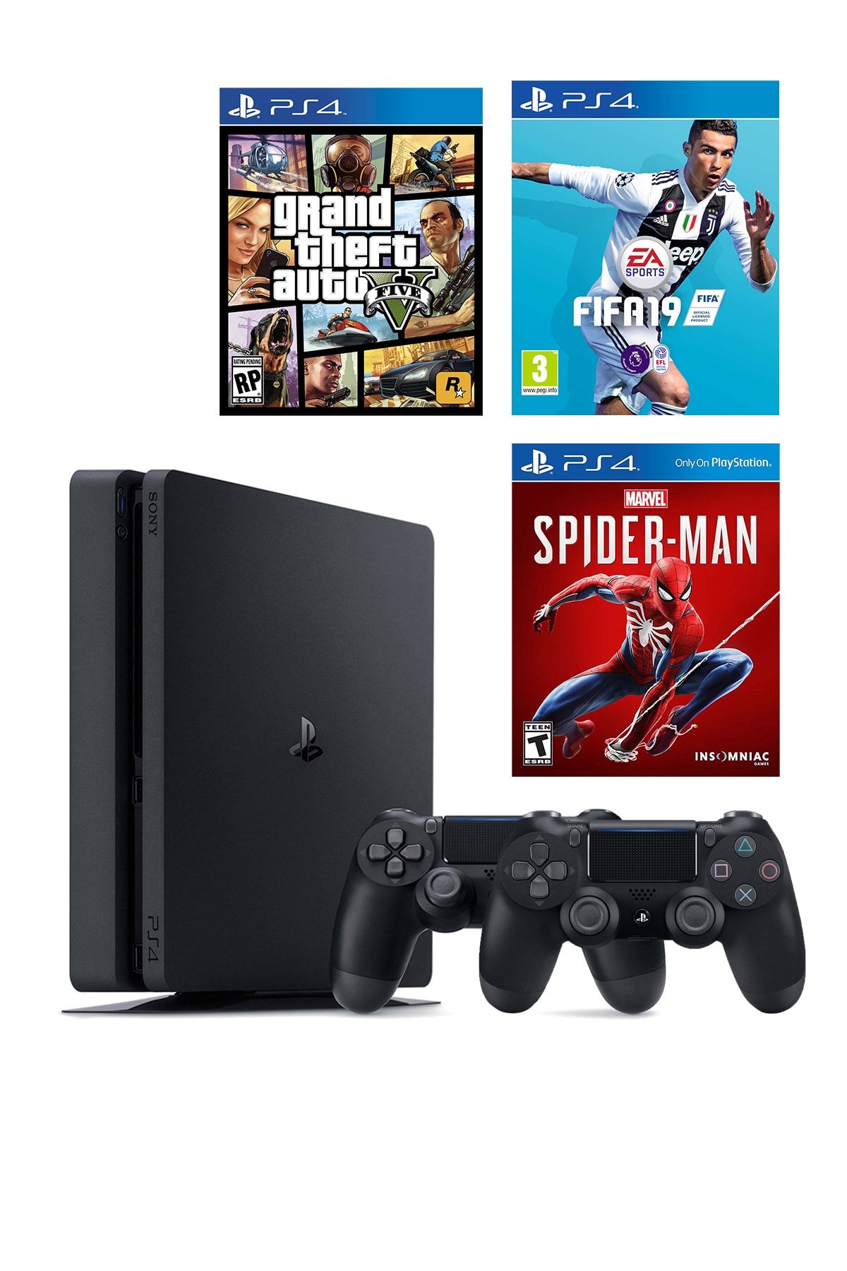 Sony Playstation 4 Slim 500 GB + 2. PS4 Kol + PS4 GTA 5 + PS4 Fifa 19 + PS4 Spider-Man