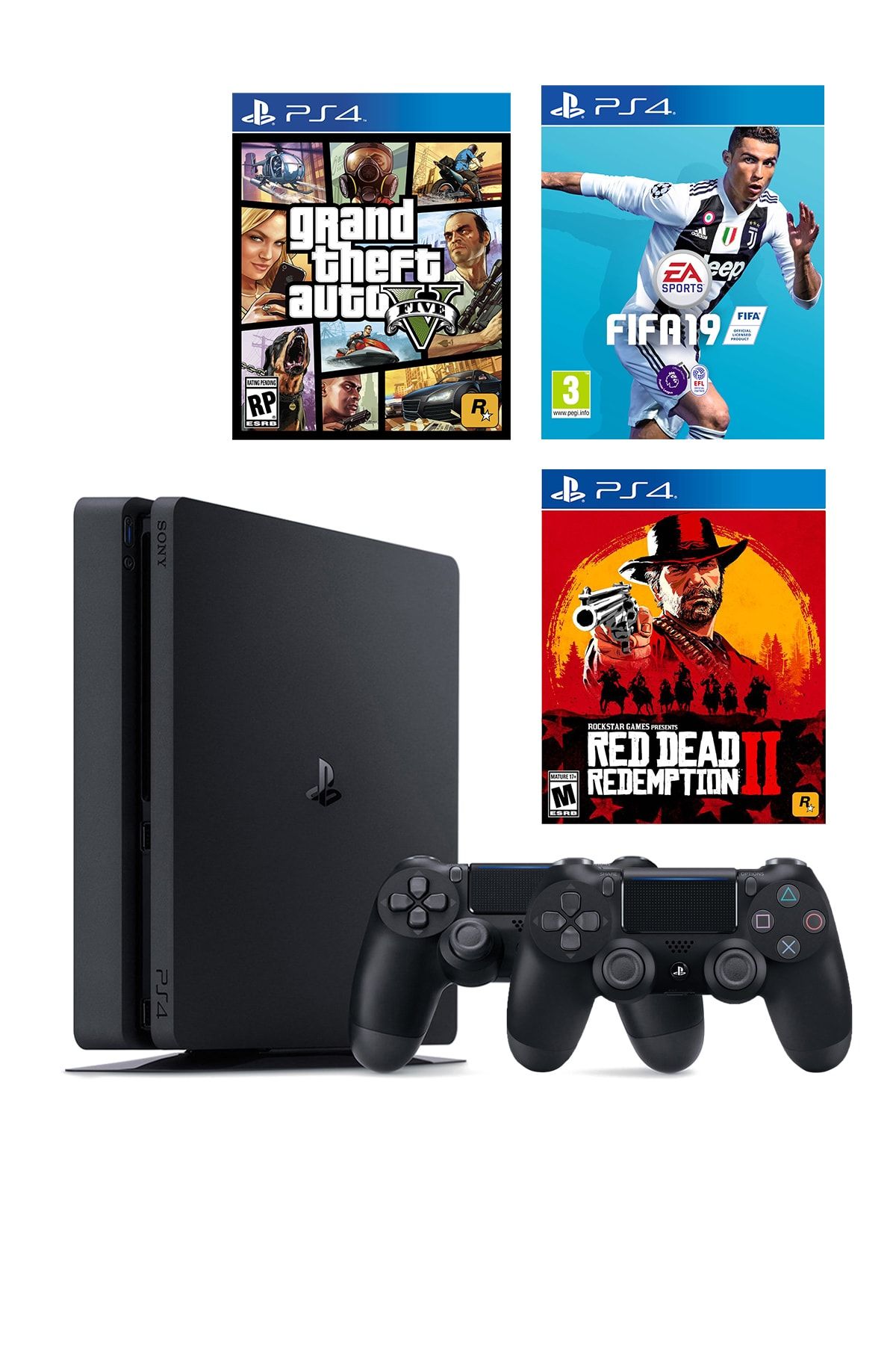 Sony Playstation 4 Slim 500 GB + 2. PS4 Kol + GTA 5 + Fifa 19 + Red Dead Redemption 2 (Eurasia Garantili)