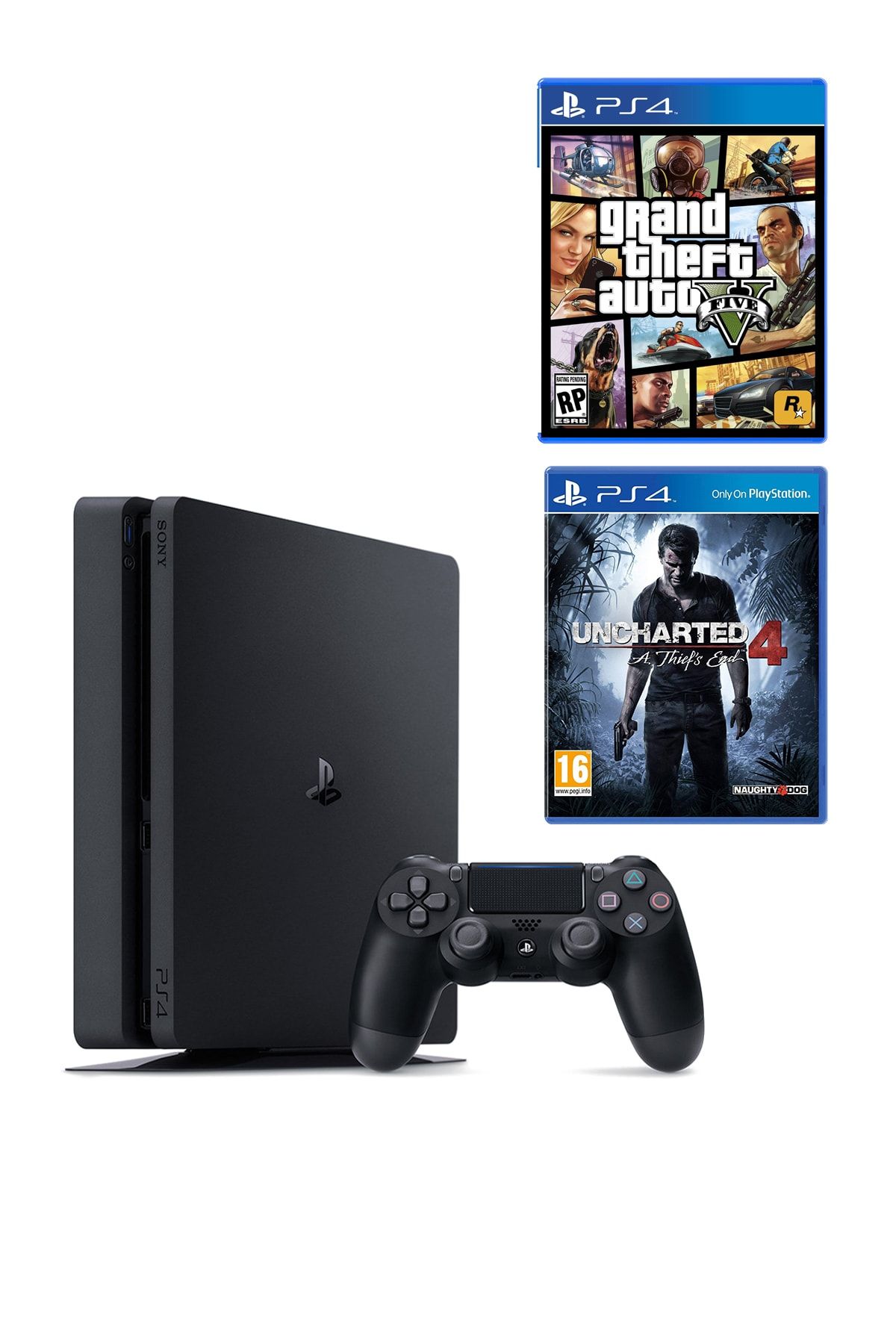 Sony Playstation 4 Slim 500 GB + 2. PS4 Kol + PS4 GTA 5 + PS4 Uncharted 4 (Eurasia Garantili)