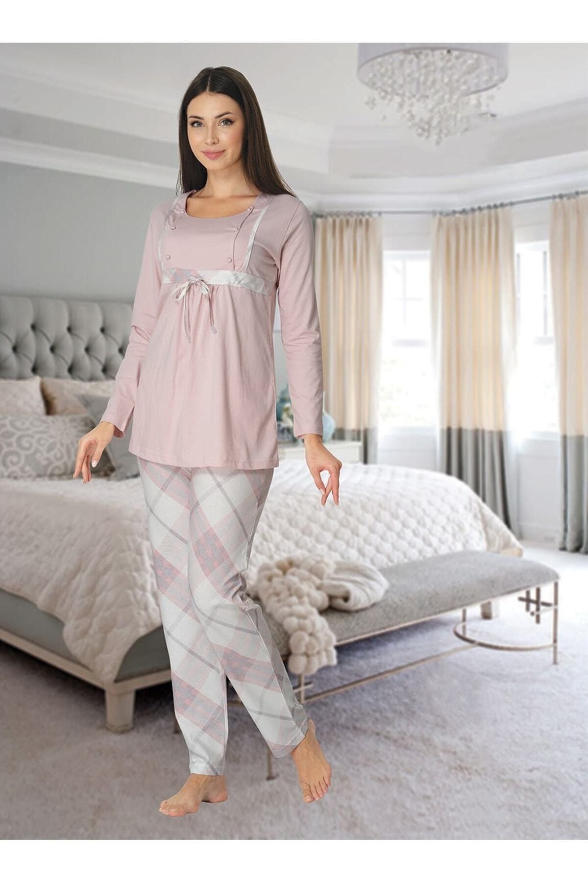 Genel Markalar Kadın Pembe Lohusa Emzirme Pijama Takım 8082