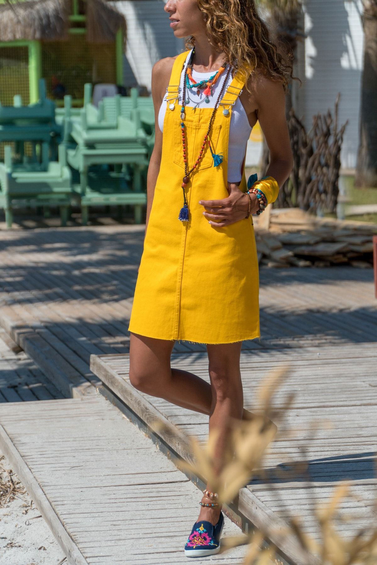 Güneşkızı Kadın Sarı Önü Cepli Salaş Kot Salopet Elbise GK-CM216