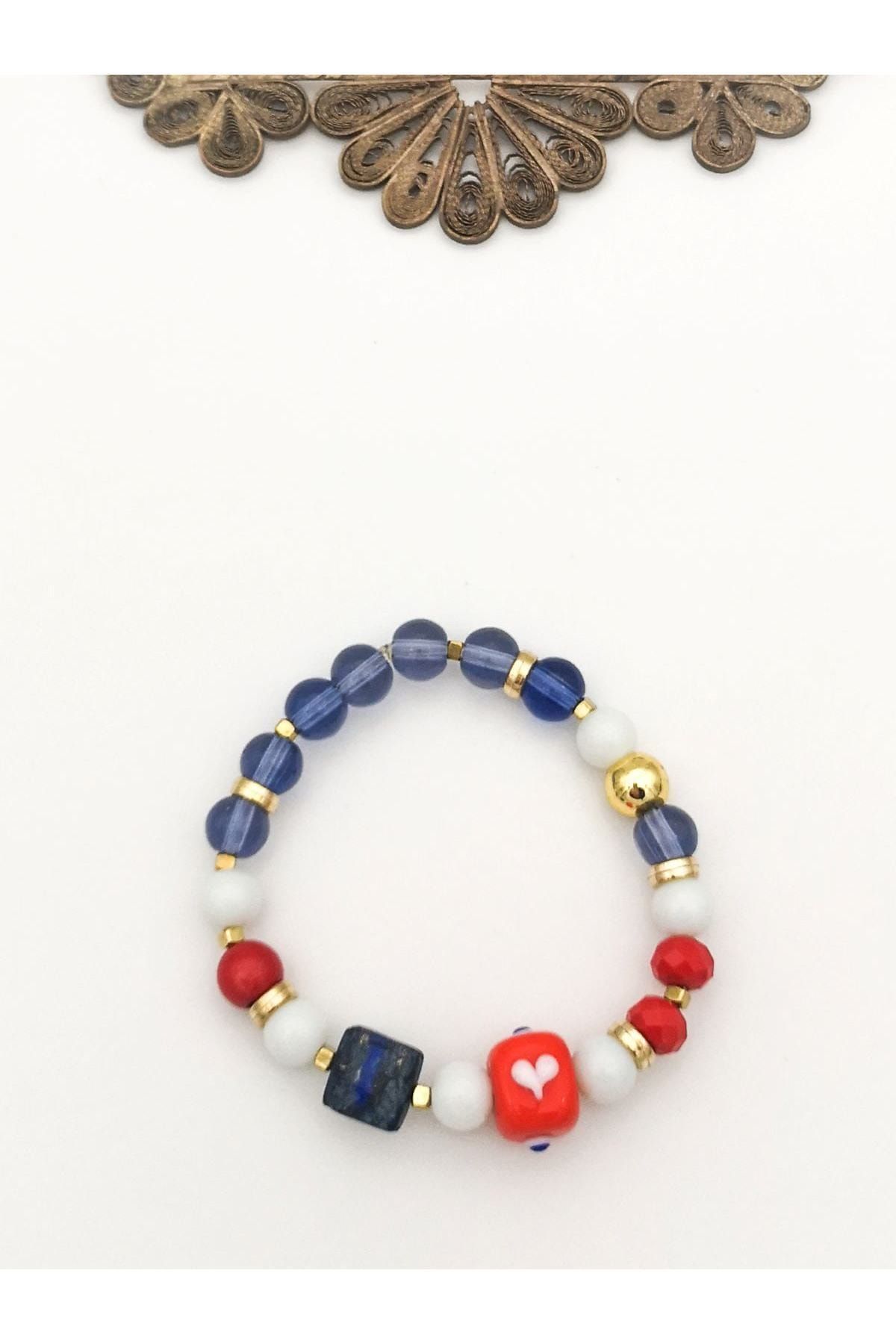 camADA Kırmızı Kalp Nazarlık Kare Boncuklu Lapis Lazuli Ve Mercanlı Hematit Bileklik