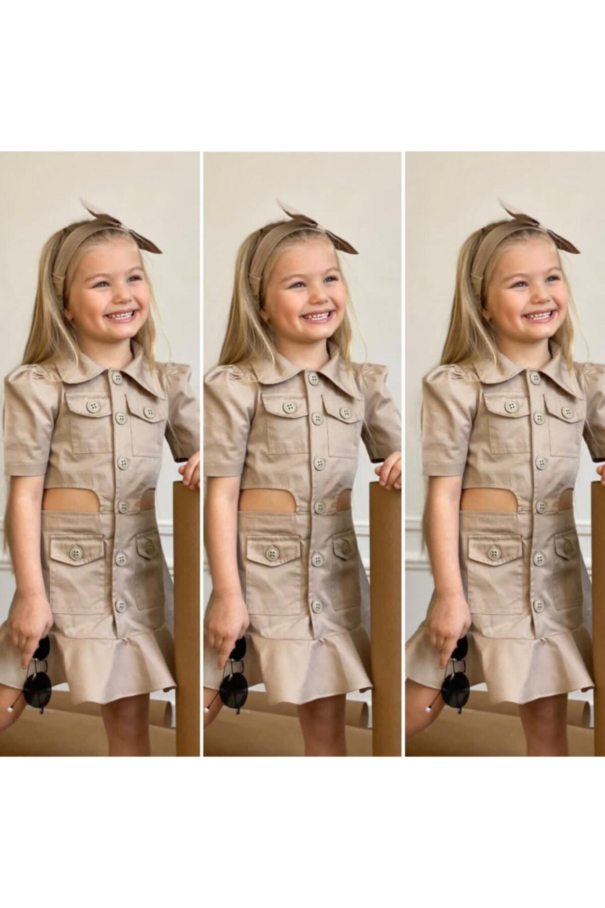 Little Angel Kids Kız Çocuk Önden Düğmeli Bel Detaylı Elbise