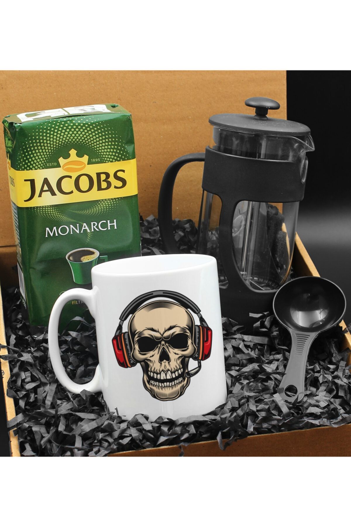 Jacobs Özel Tasarım Kulaklıklı Kuru Kafa Kupa & French Press & 250 Gram Filtre Kahve Hediye Seti