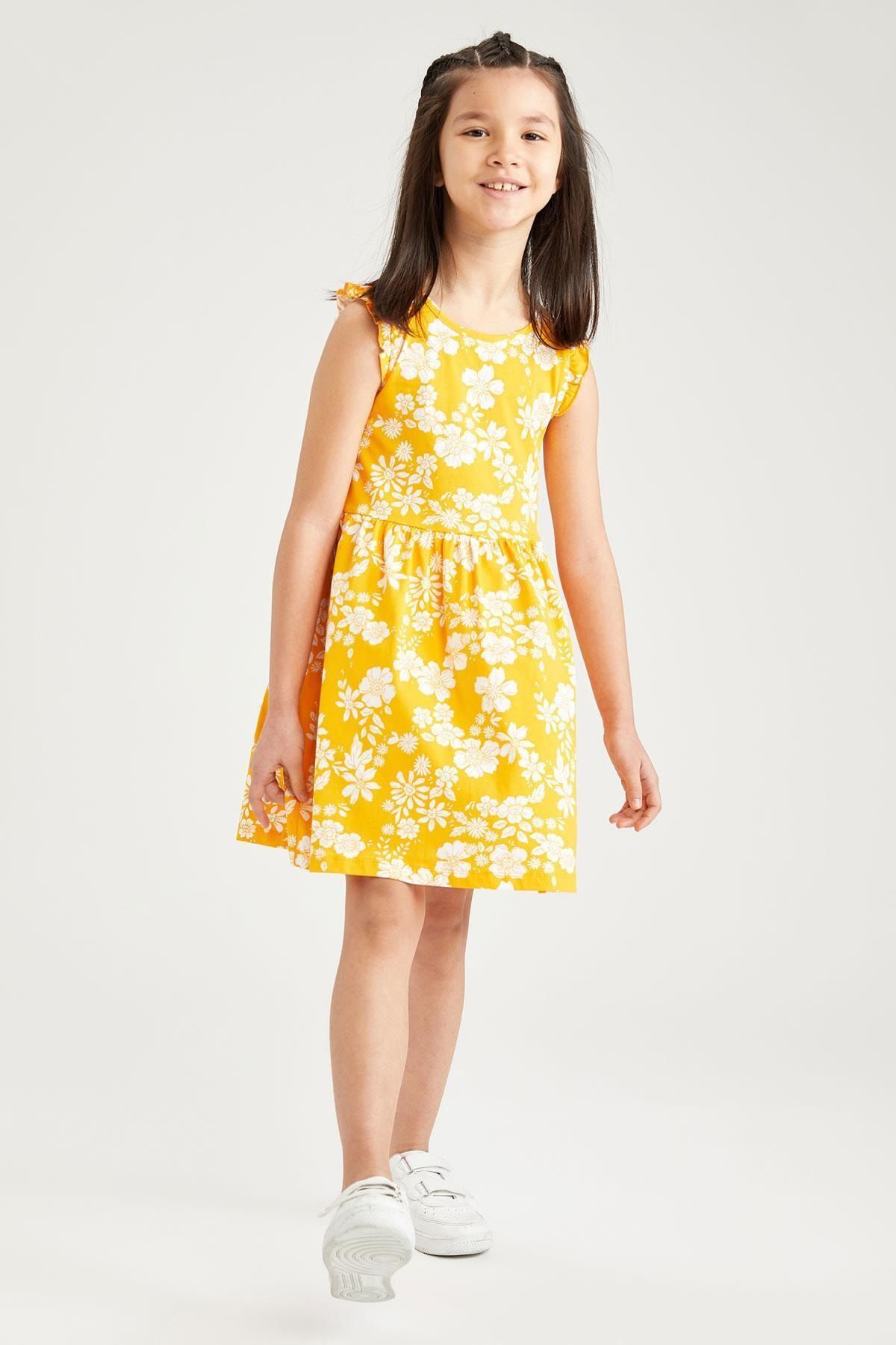 Defacto Kız Çocuk Sarı Çiçek Desenli Kolsuz Elbise