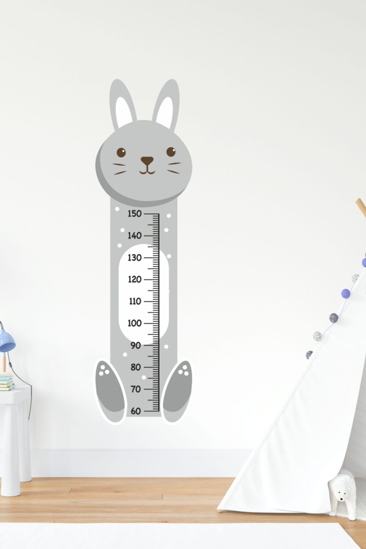MSticker Sevimli Gri Tavşan Çocuk Bebek Odası Boy Cetveli Sticker(48x163cm)