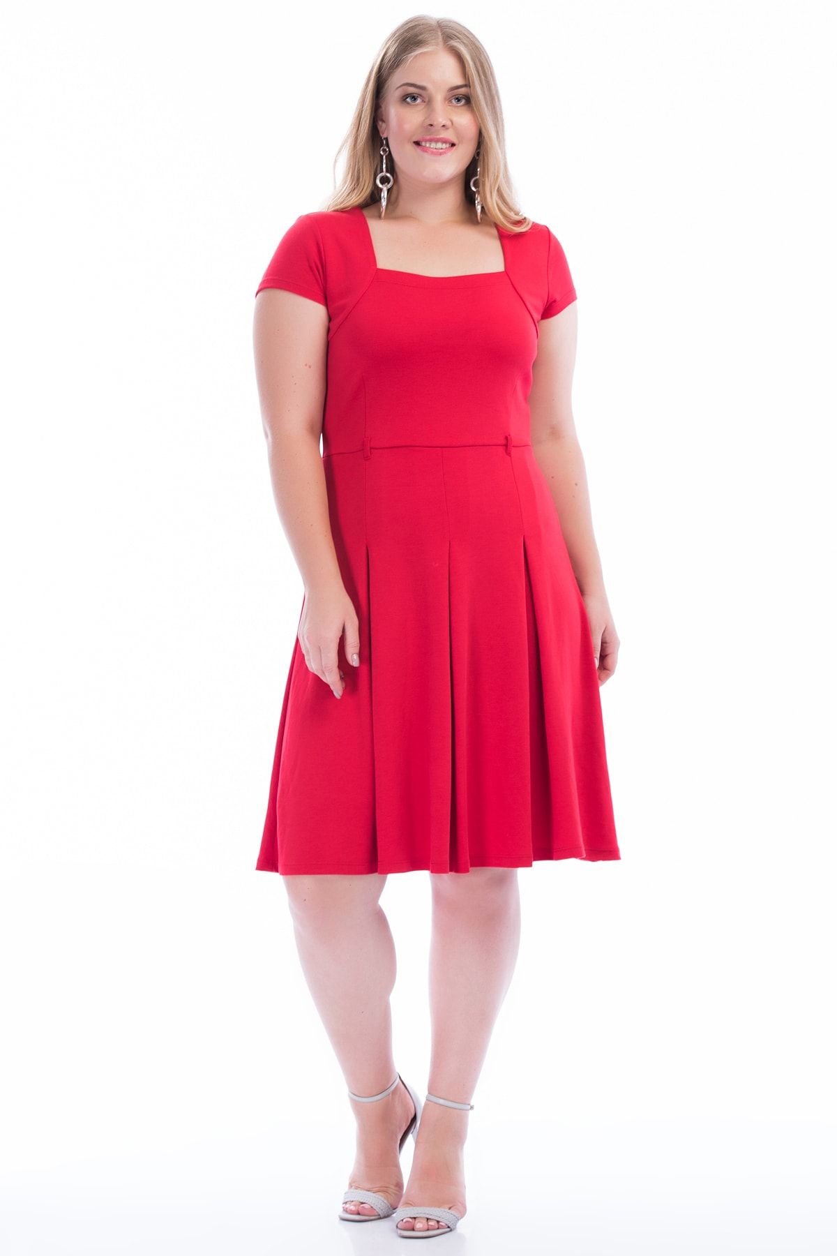 Şans Kadın Büyük Beden Kırmızı Bel Pileli Elbise 65n23493