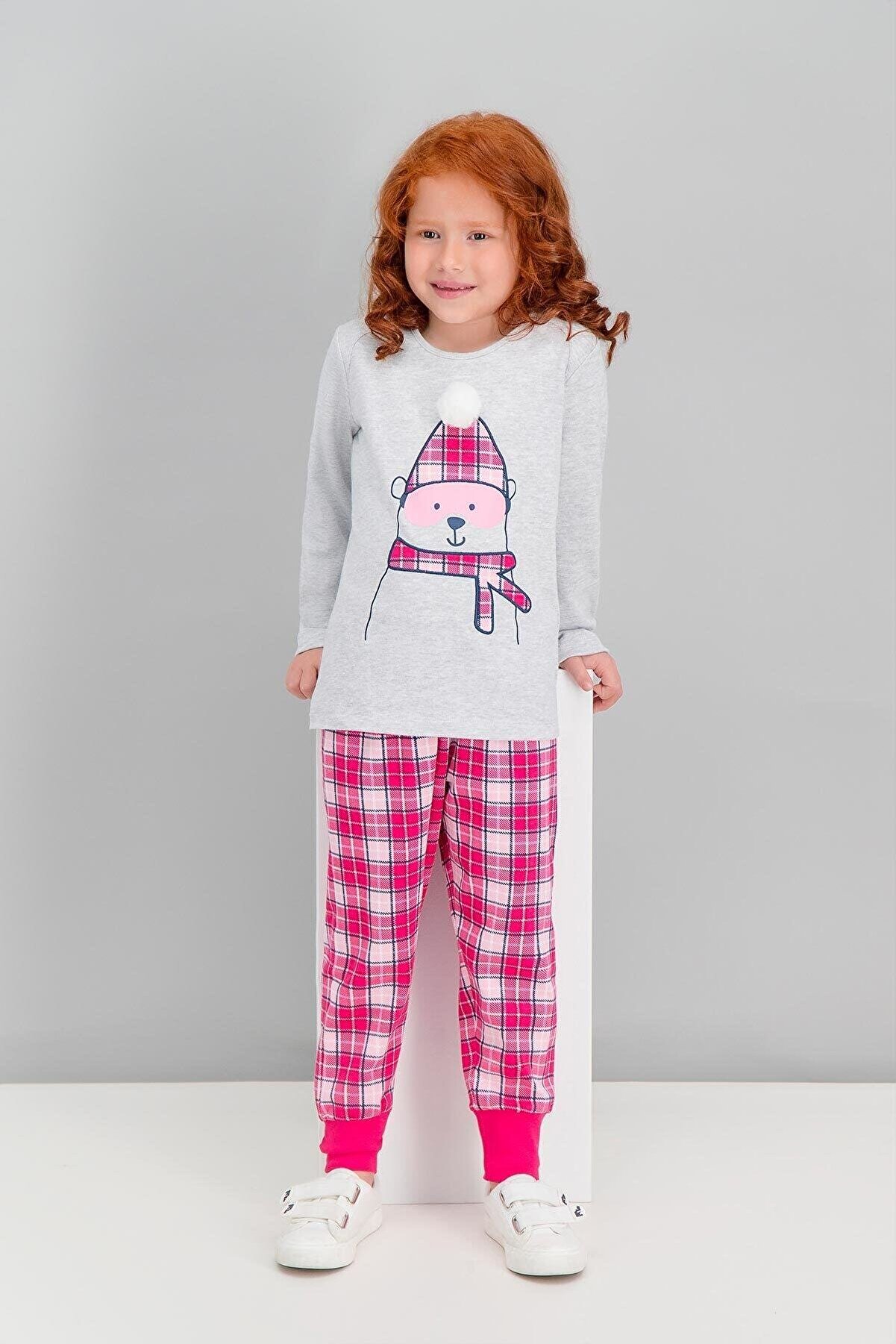 Rolypoly Kız Çocuk Gri Bear Ekose Karmelanj Pijama Takımı