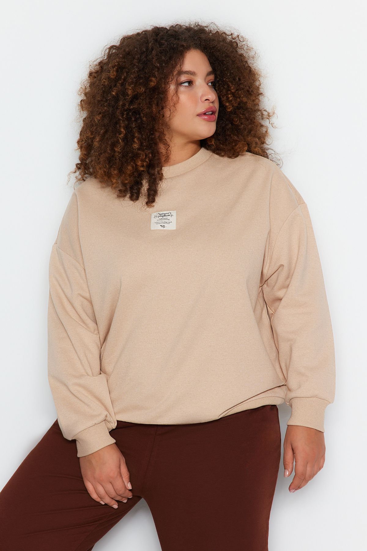 Trendyol Curve Bej Nakış Detaylı Kalın Örme Sweatshirt TBBAW24AO00027