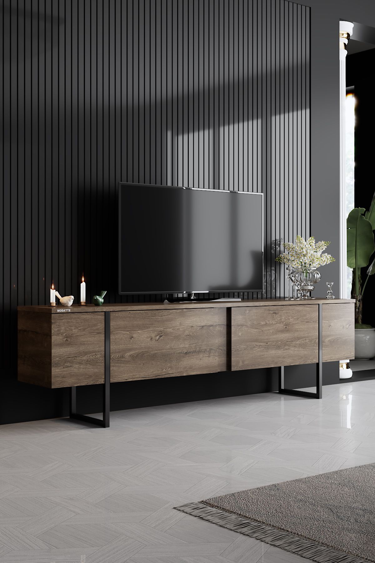 Modatte Luxe Siyah Demir Ayaklı Ceviz Tv Sehpası Tv Ünitesi