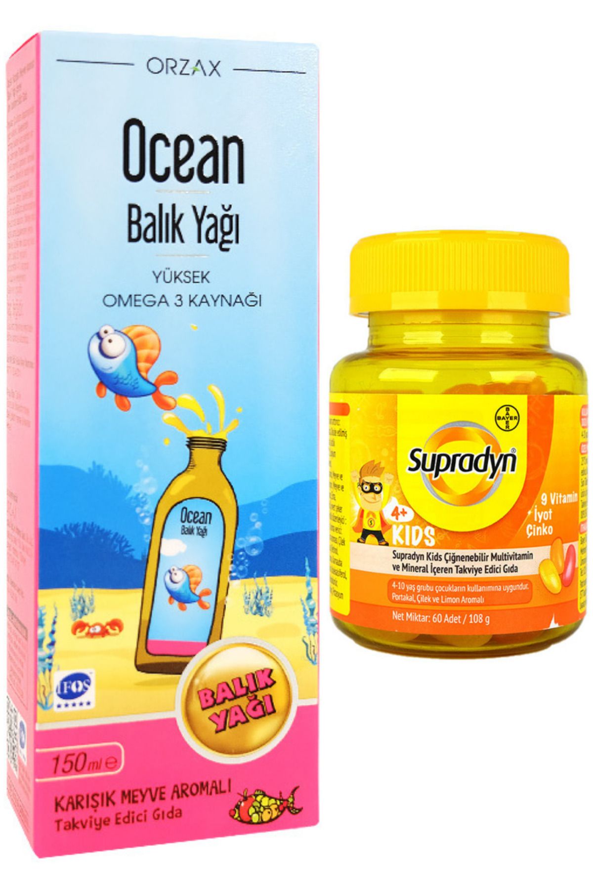 Ocean Omega 3 Karışık Meyve Aromalı Balık Yağı Şurup 150ml + Supradyn Kids 60 Çiğnenebilir Tablet