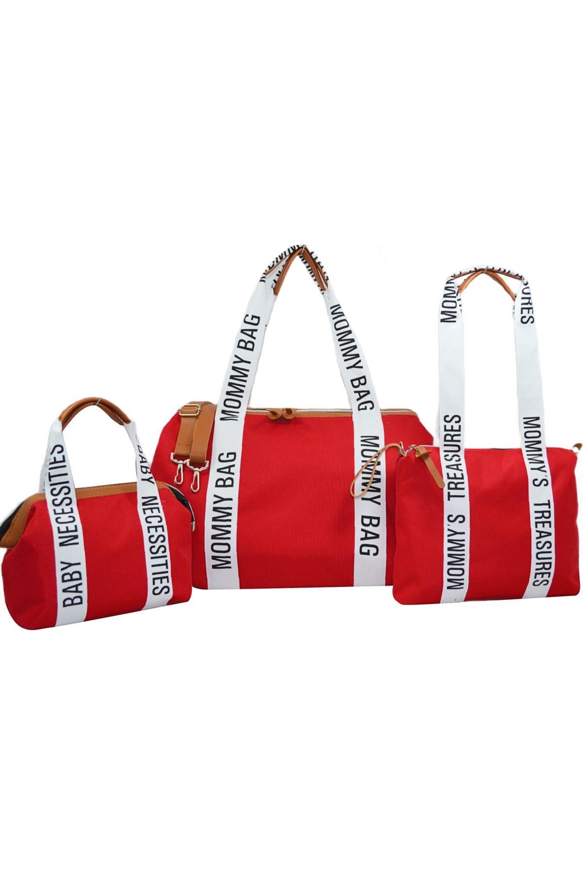 Babysi Mommy Bag Exclusive Tasarım Şeritli Kırmızı 3 Set Baby Anne Bebek Bakım Ve Kadın Çantası