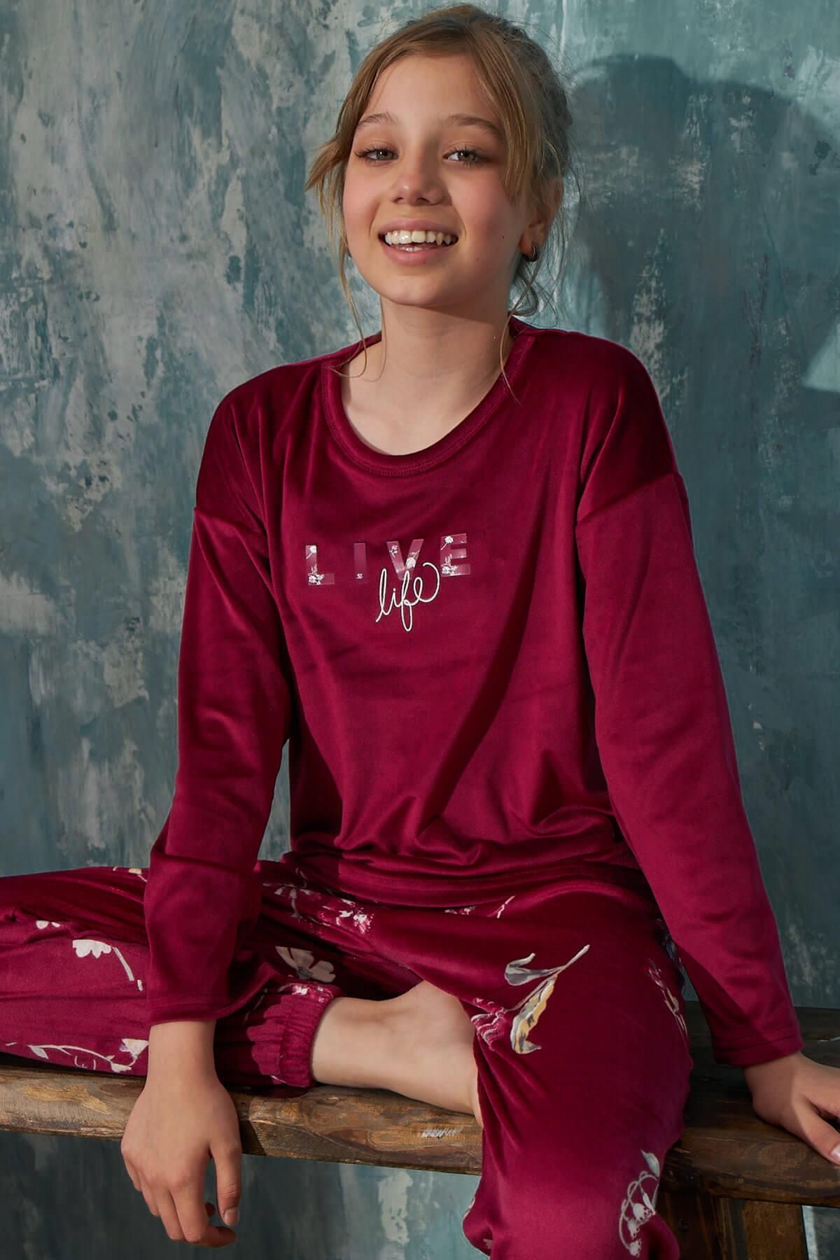 Pijamaevi Bordo Life Desenli Exclusive Kadife Kız Çocuk Pijama Takımı