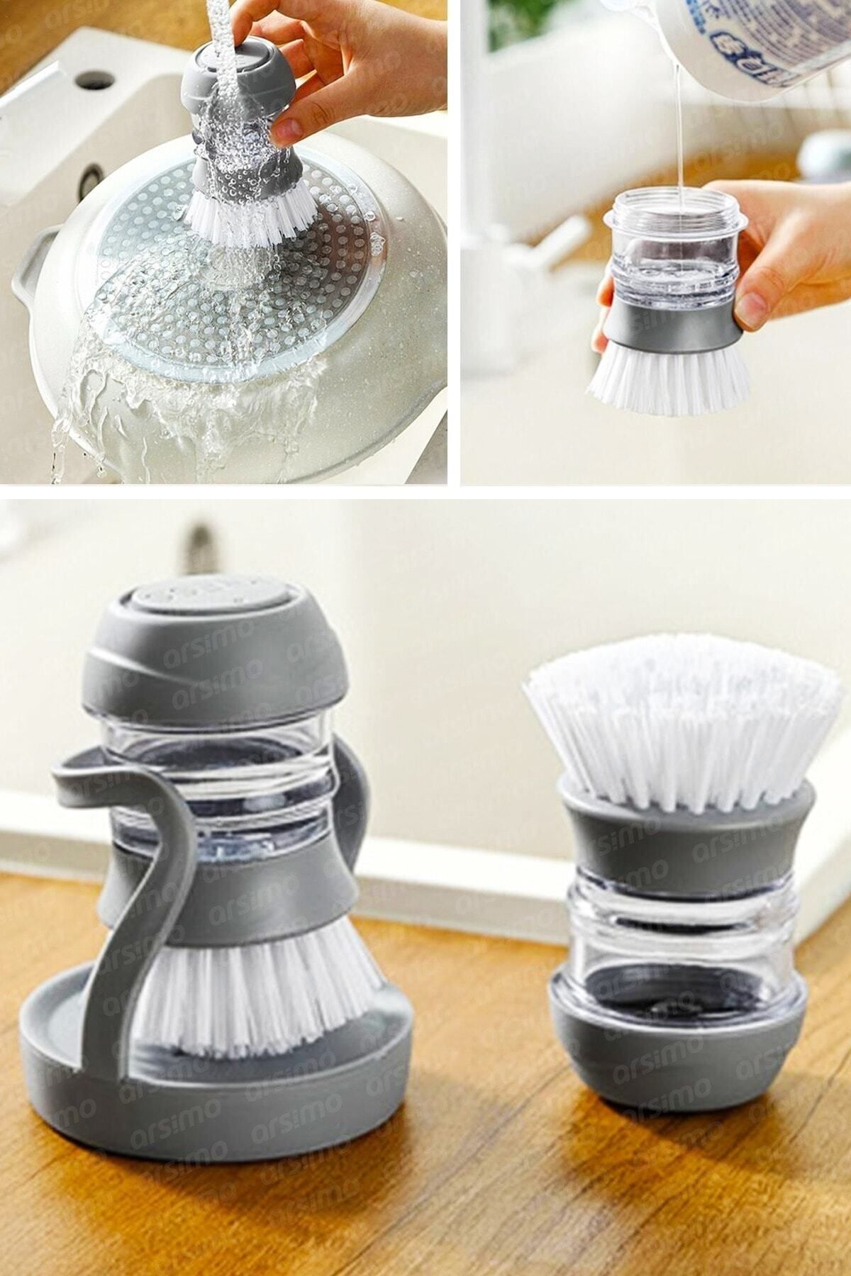 Seram Collection Standlı Sıvı Deterjan Hazneli Bulaşık Fırçası Mutfak Banyo Lavabo Yıkama Fırçası (HEDİYE TELLİ)