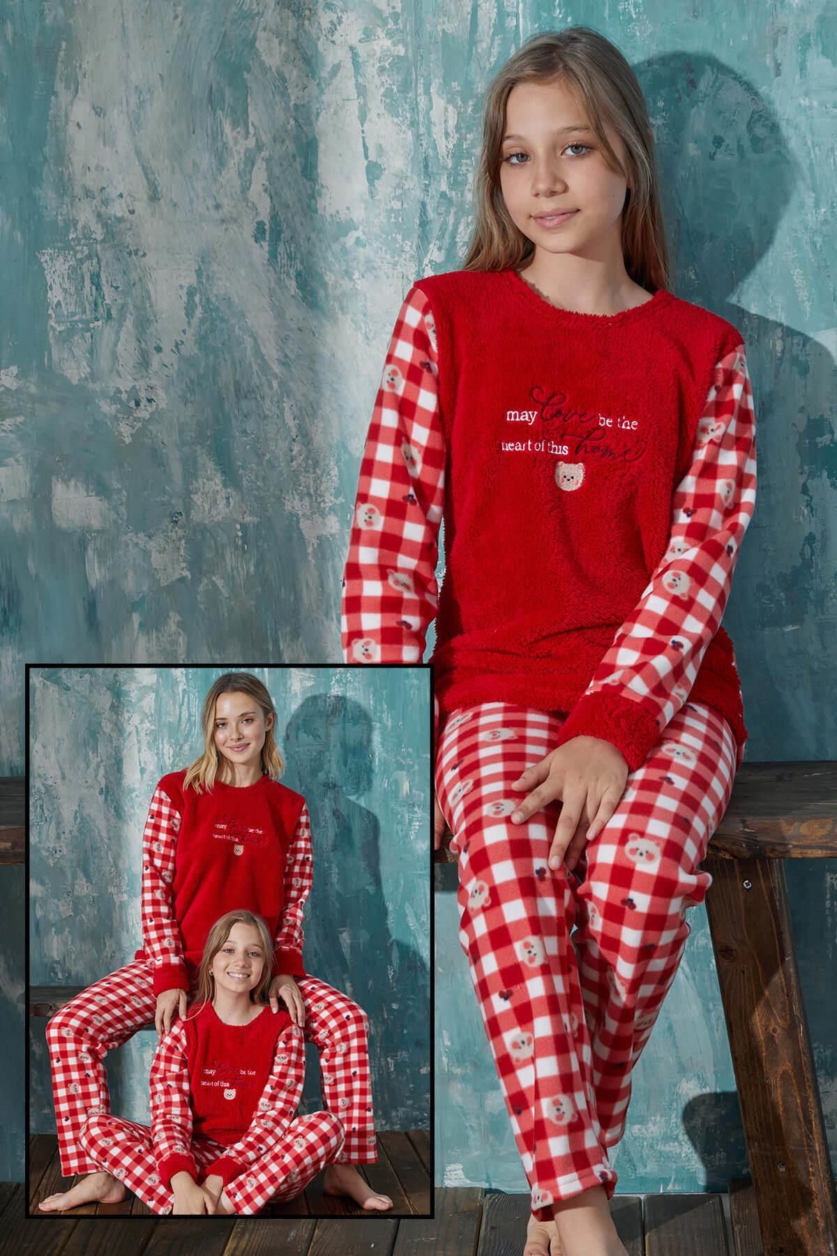 Pijamaevi Kırmızı Home Peluş Anne Kız Aile Pijaması - Kız Çocuk Takımı
