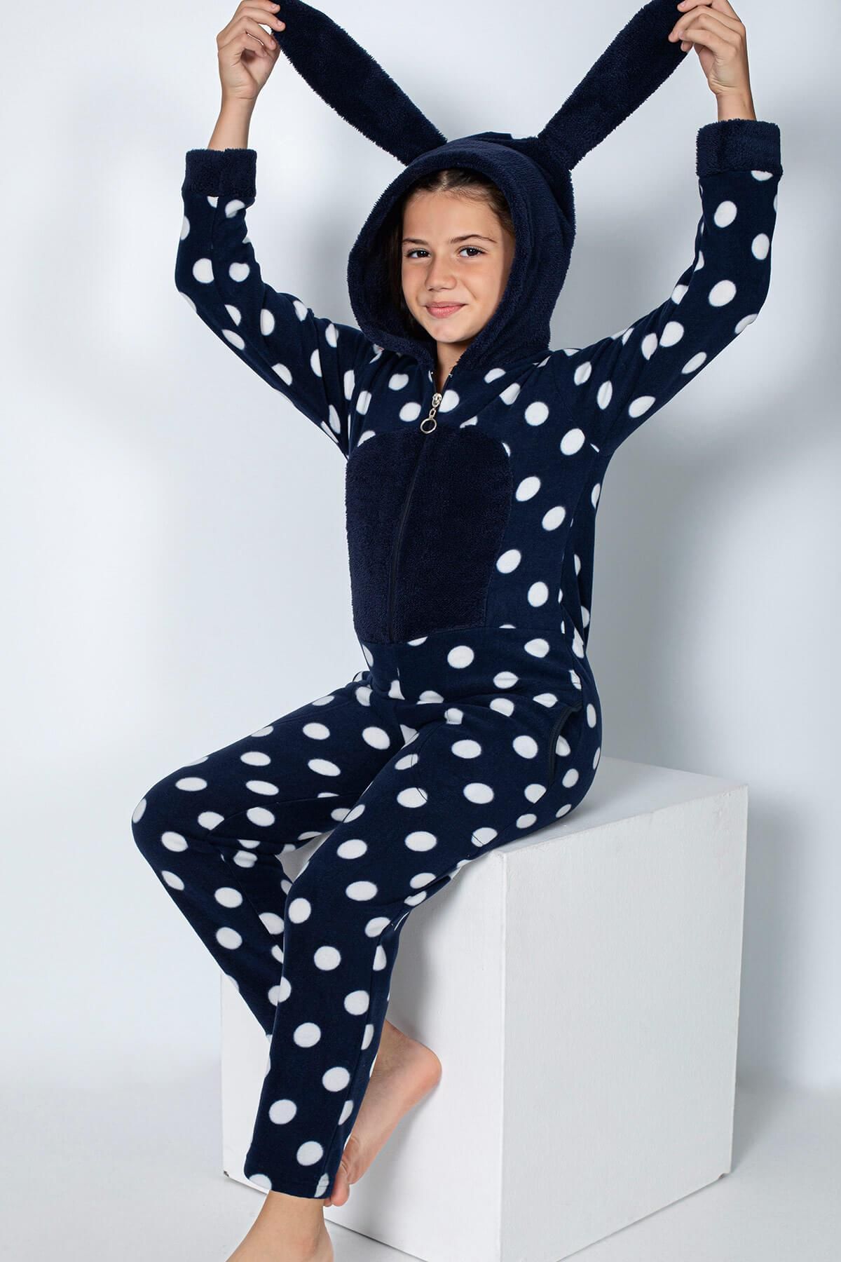 Pijamaevi Lacivert Puan Desenli Kız Çocuk Polar Peluş Tulum Pijama