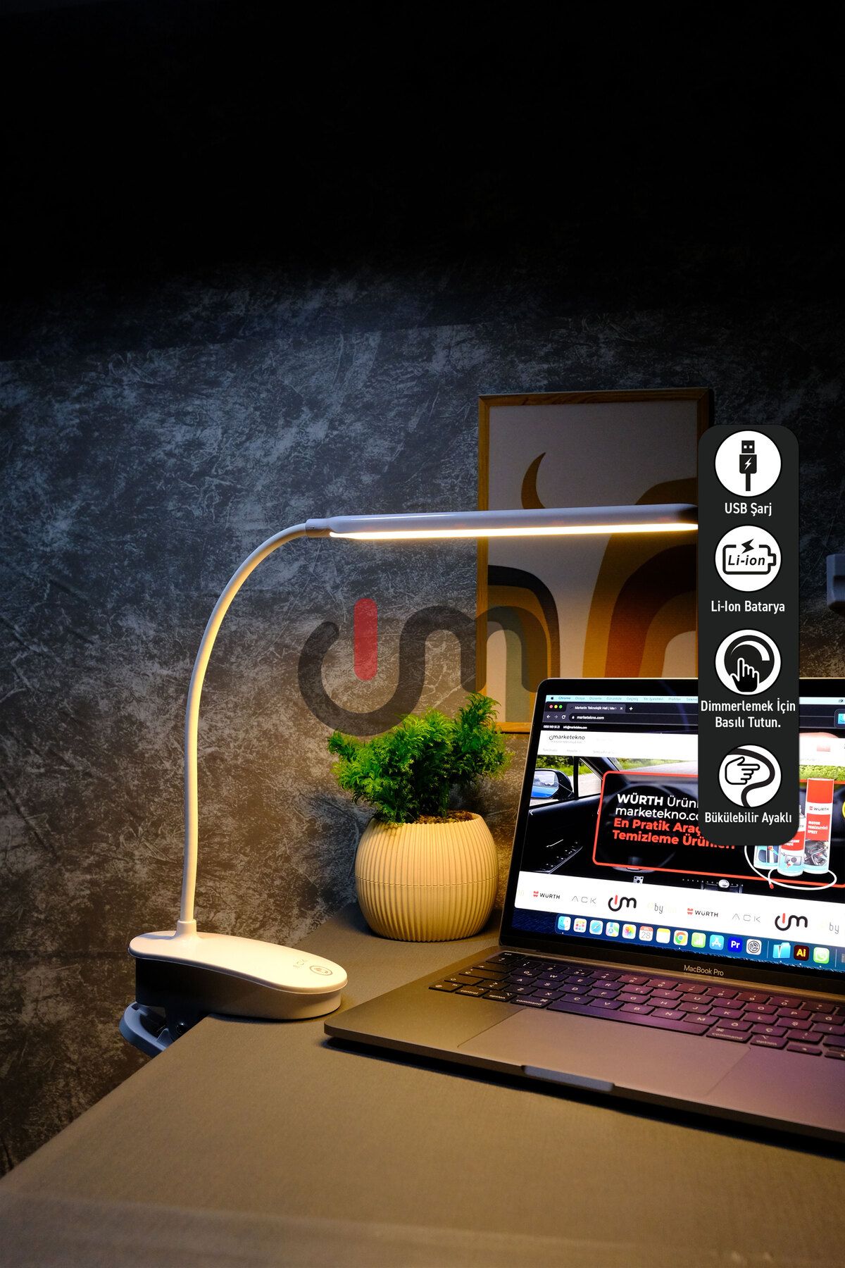 Ack Şarjlı Mandallı LED Masa Lambası, Işık Şiddeti Ayarlanabilir, Akrobat Çalışma ve Okuma Lambası