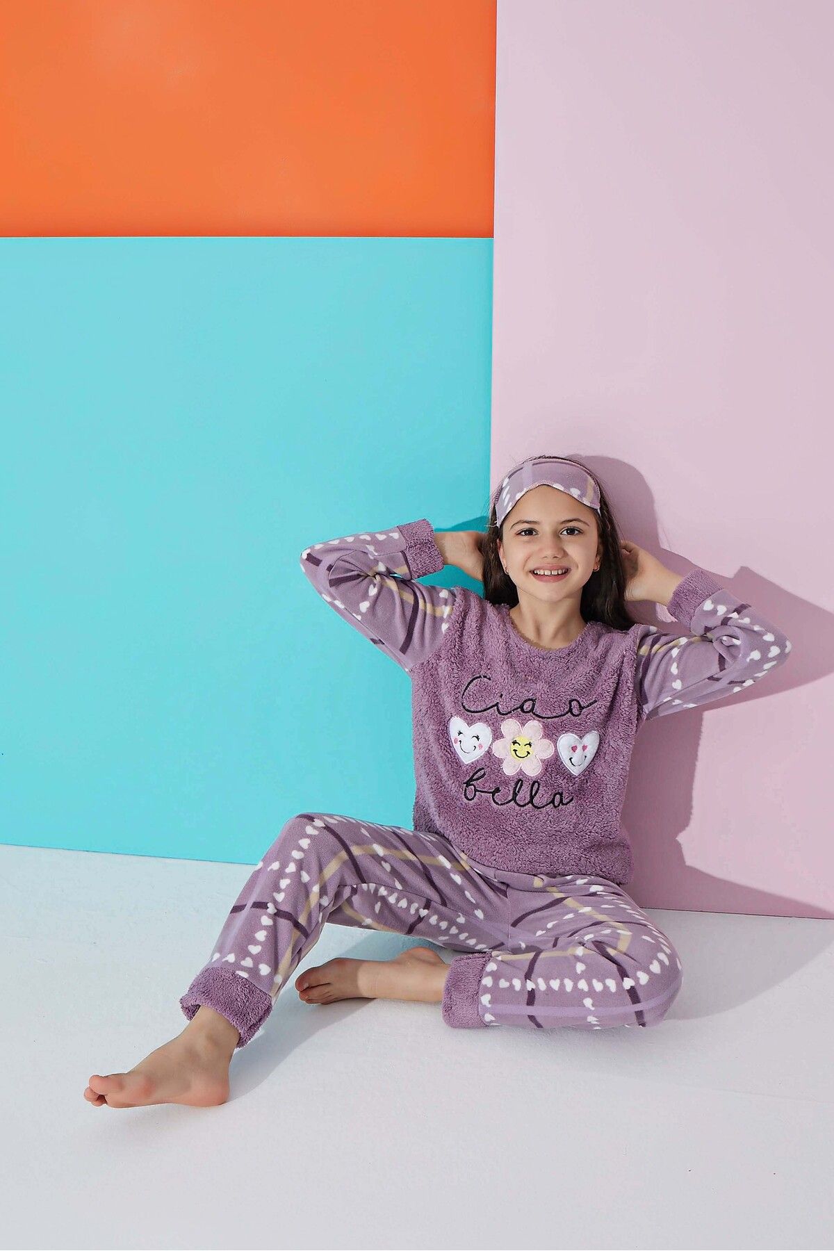 Meba Kız Çocuk Boy Kalp Desen Peluş Polar Lila Pijama Takımı Uyku Bandı Hediyeli