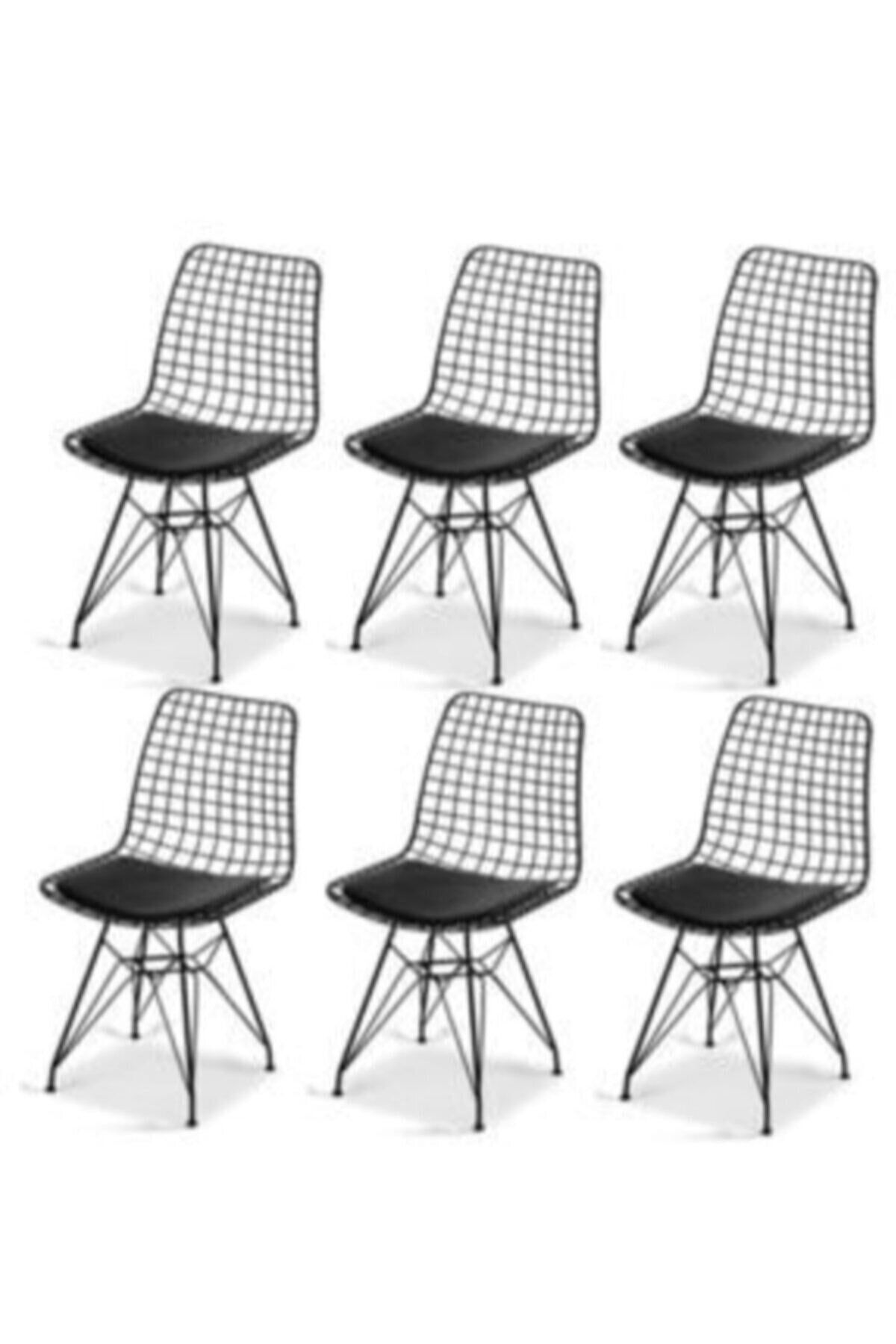 ÇELİK SANDALYE MASA Siyah 6' Lı Tel / Kafes Sandalye Mutfak Salon Cafe Sandalyes 6 Lı Takım