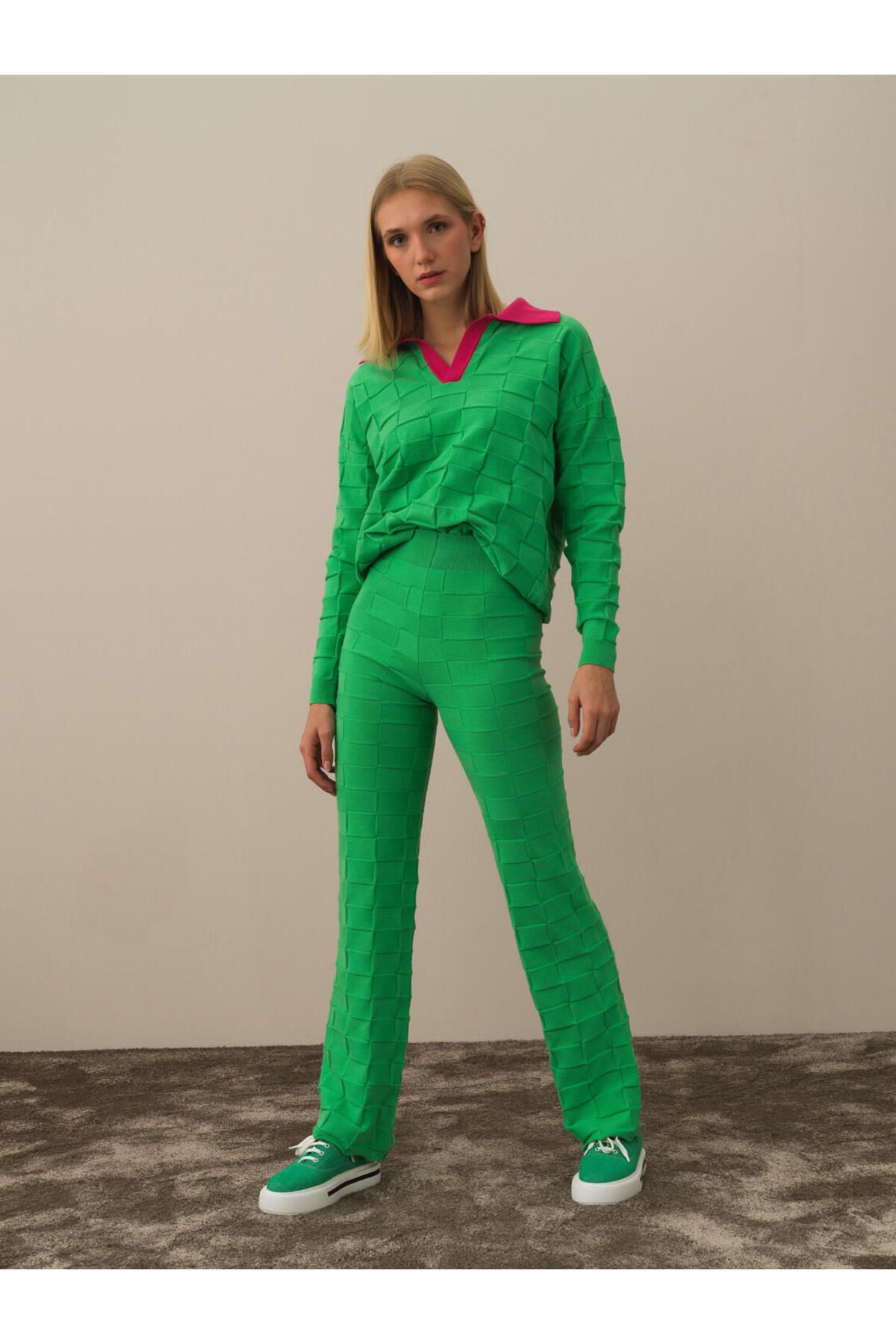 Xint Kadın Yeşil Yüksek Bel Oversize Triko Pantolon