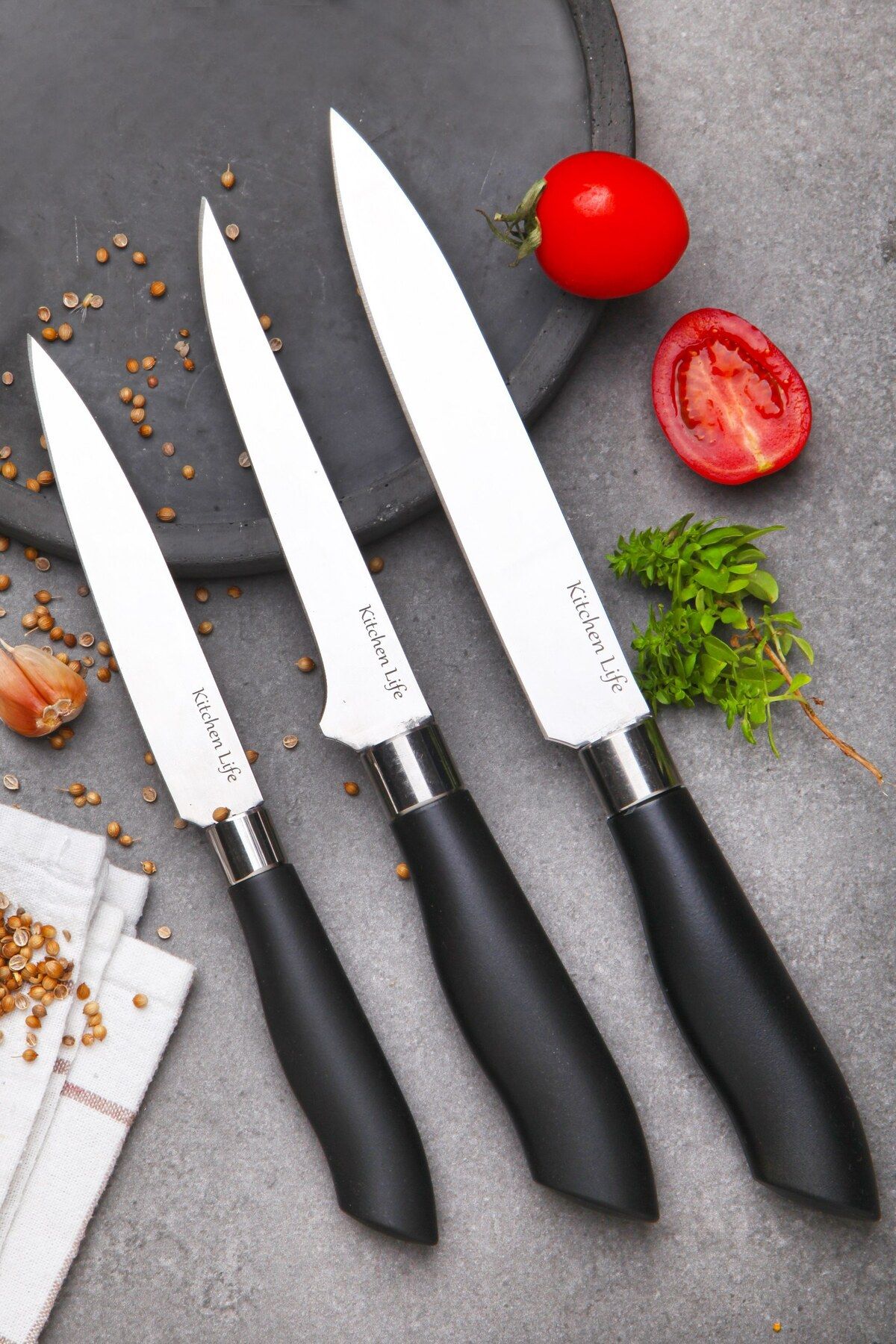 Kitchen Life 3'lü Premium Siyah Desenli Paslanmaz Çelik Şef Bıçak Seti - Doğrama Sıyırma Meyve Sebze Bıçağı