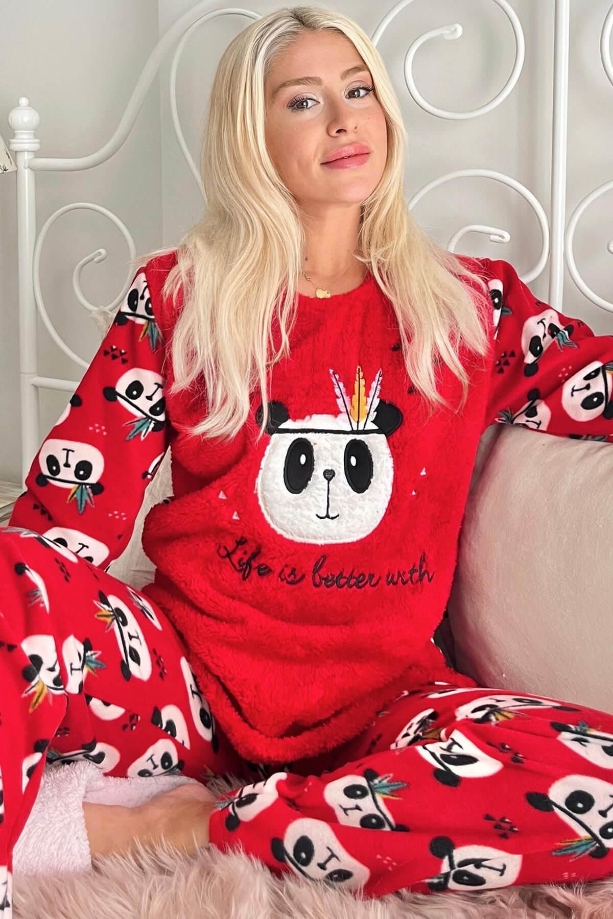 Pijamaevi Kırmızı Life Panda Desenli Kadın Peluş Pijama Takımı