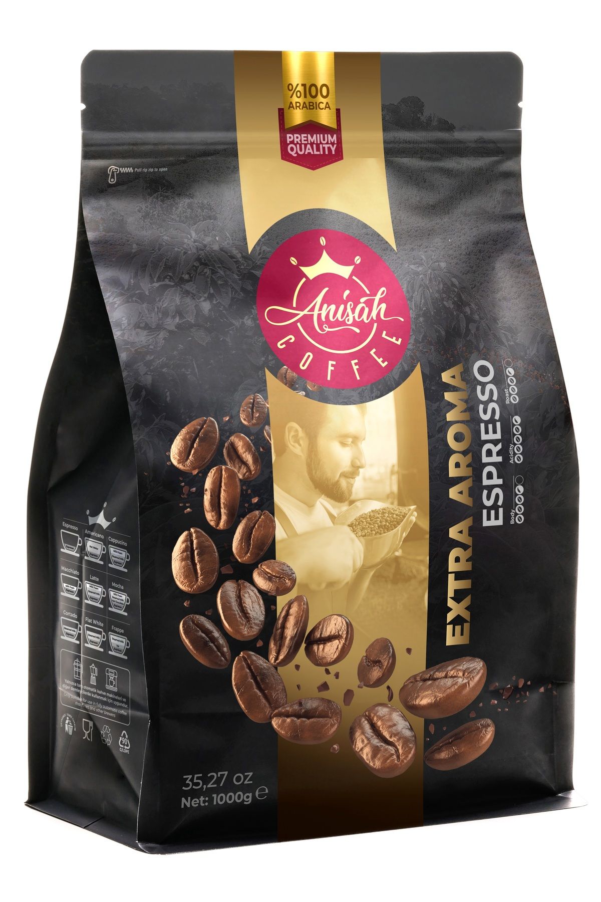 Anisah Coffee Extra Aroma Espresso Kahve Çekirdeği | 1000g | %100 Arabica | Zengin Çiçeksi Aroma | Yumuşak Gövde