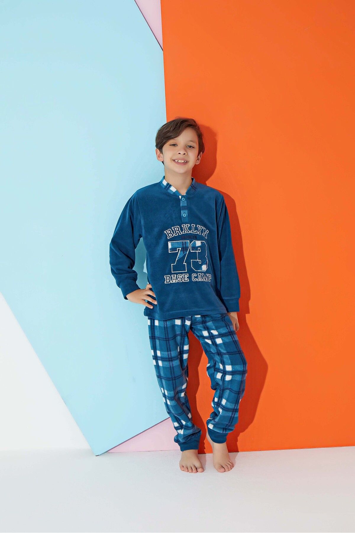Tarık Erkek Genç VE Çocuk Ekose-Kare Desenli Uzun Kollu Polar Peluş Kumaş Kışlık Sıcak Tutan Pijama Takımı