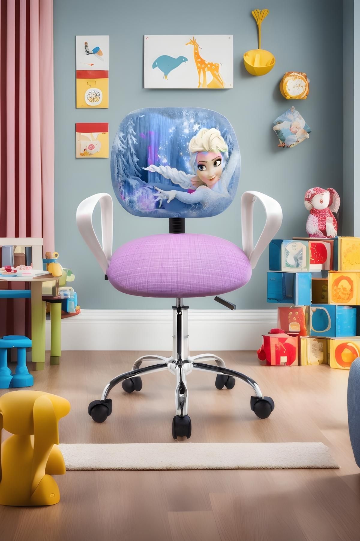 Depolife Frozen Ofis Ders Çalışma Faliyet Koltuğu Karlar ülkesi Çocuk Odası Sandalyesi Döner Yükseklik Ayarlı
