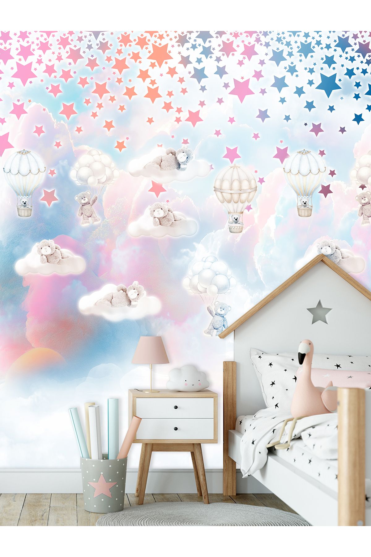 dreamwall Yıldızlar Bulutlar Ayıcıklar Balon Desenli Tekstil Duvar Kağıdı