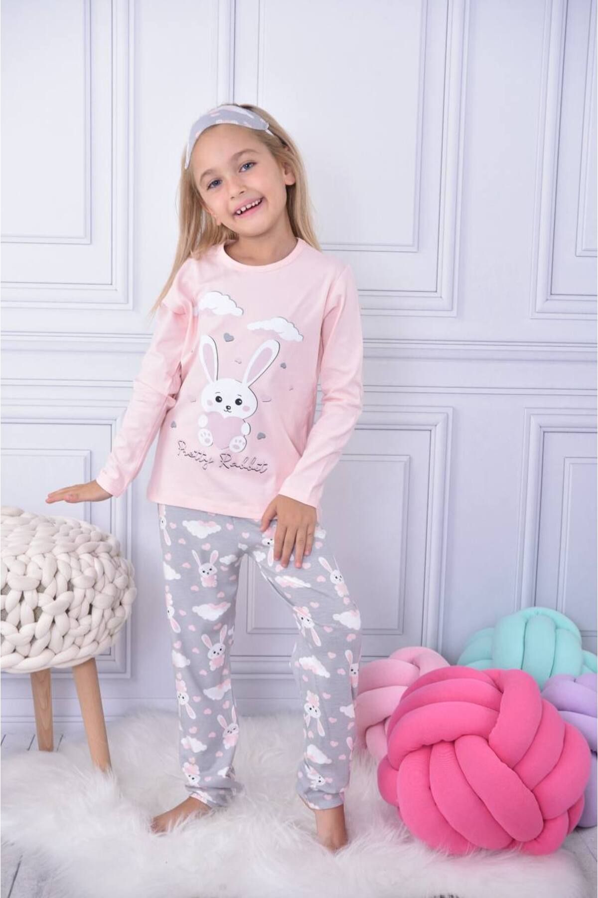 Lolliboomkids Kız Çocuk Bulut Tavşan Baskılı Basic Pijama Takımı Göz Bandı Hediyeli Soft Somont Renk
