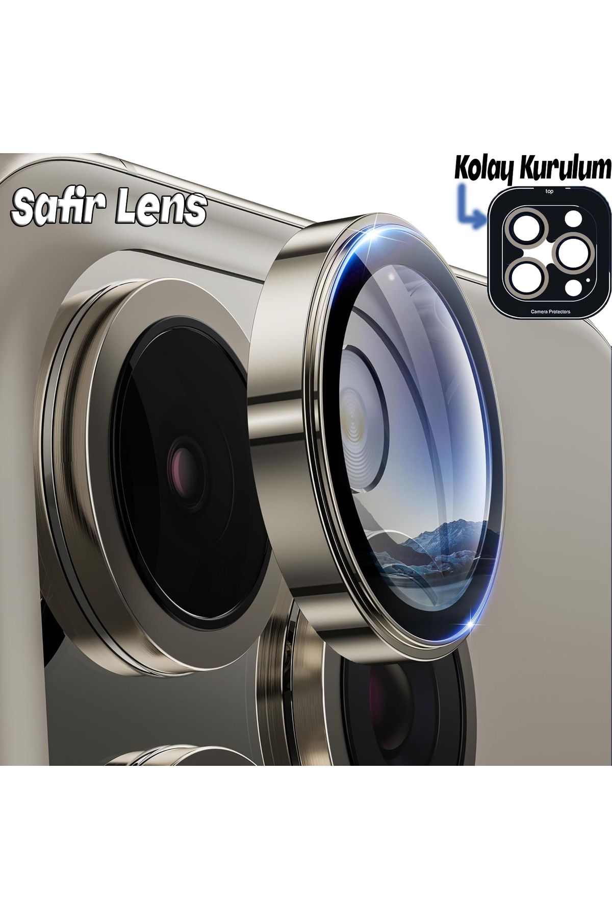 EDELFU iPhone 15 Pro Max / 15 Pro Uyumlu Safir Kamera Koruyucu Gerçek Cam Metal Kamera Lens Koruyucu