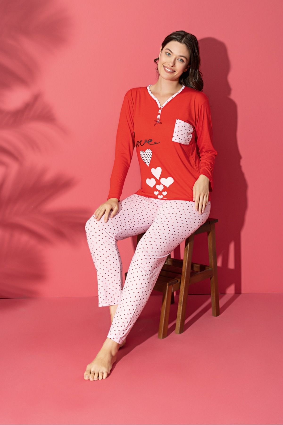 Farya Home Dreamy Pamuklu Uzun Kollu Kalp Desenli Kadın Pijama Takımı