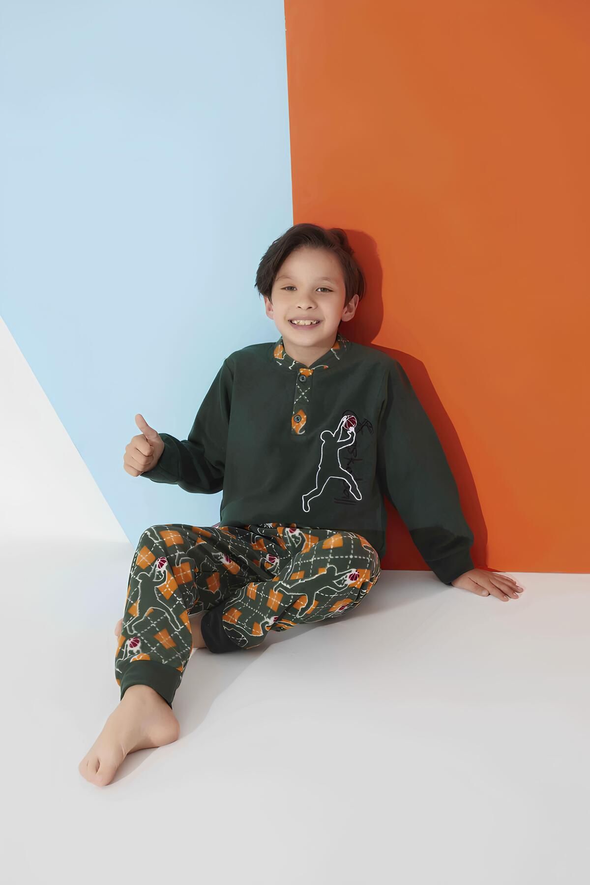 Meba Erkek Çocuk Garson Boy Yaka Düğmeli Haki Polar Pijama Takımı