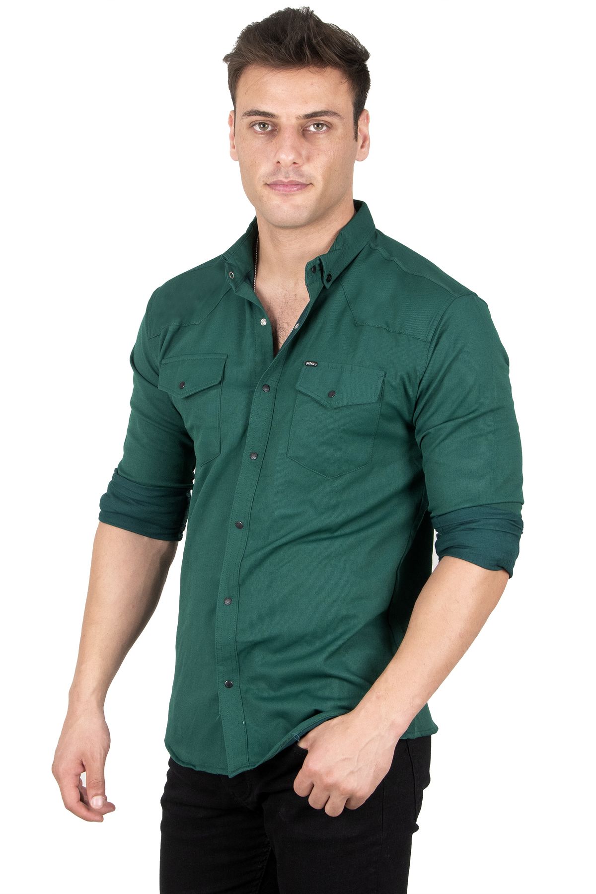 DeepSea Erkek Yeşil Çıt Çıt Düğmeli Cep Çift Kapaklı Kot Gömlek 2300410