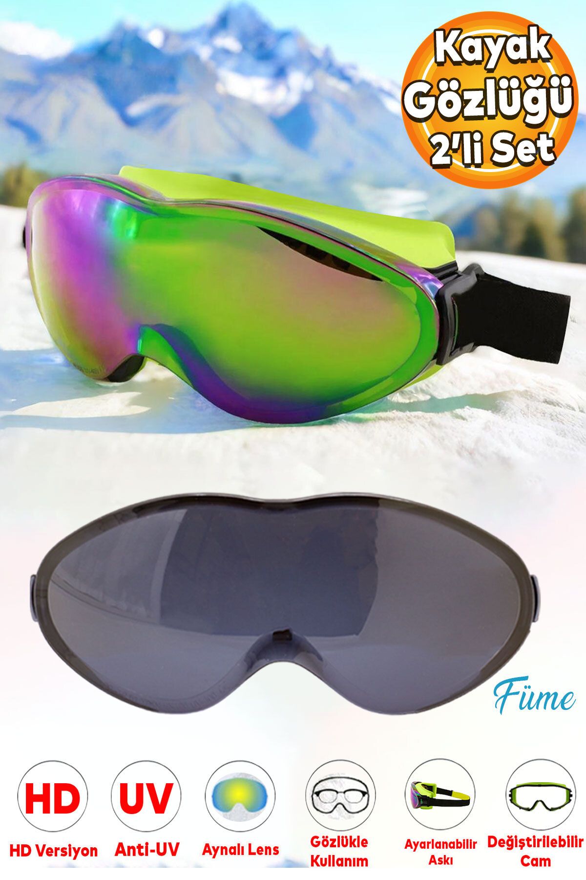 Badem10 Bellasimo Kayak Gözlüğü Değiştirebilir Camlı Antifog Güneş Kar Gözlük Gökkuşağı 1 Adet Yedek Cam