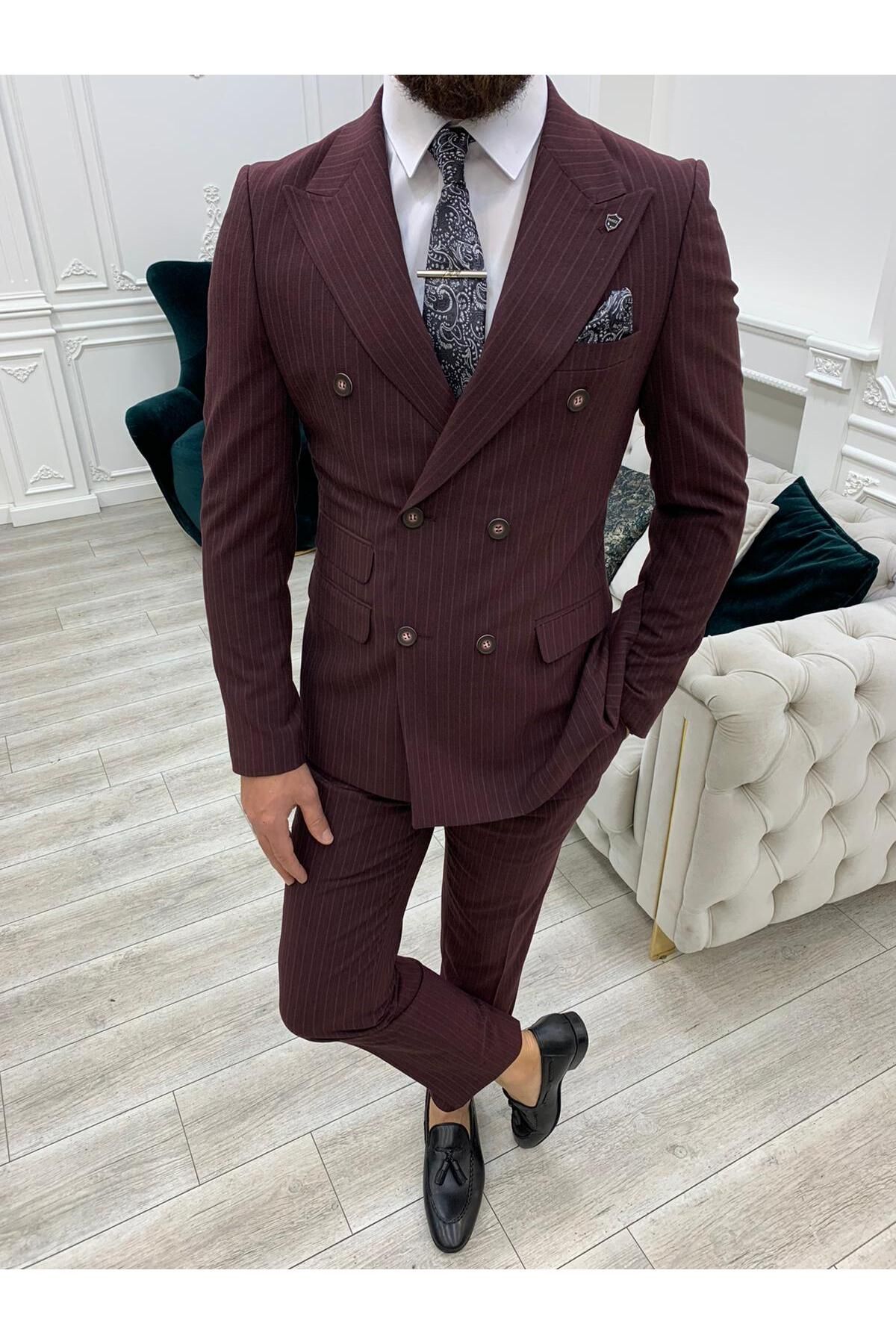 LONATOLİA Erkek Çizgili Kruvaze Takım Elbise İtalyan Kesim Slim Fit Ceket Pantolon-Bordo