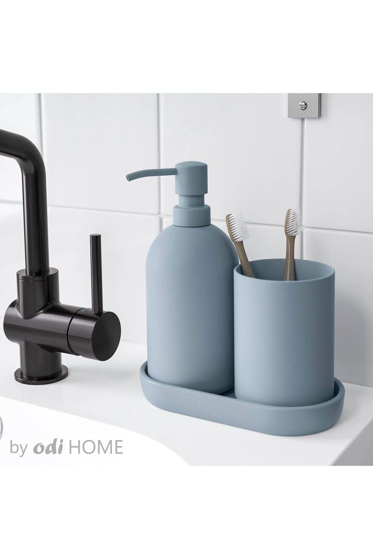 IKEA 3 Parça Banyo Seti - Sıvı Sabunluk ve Fırçalık - Stoneware Gri