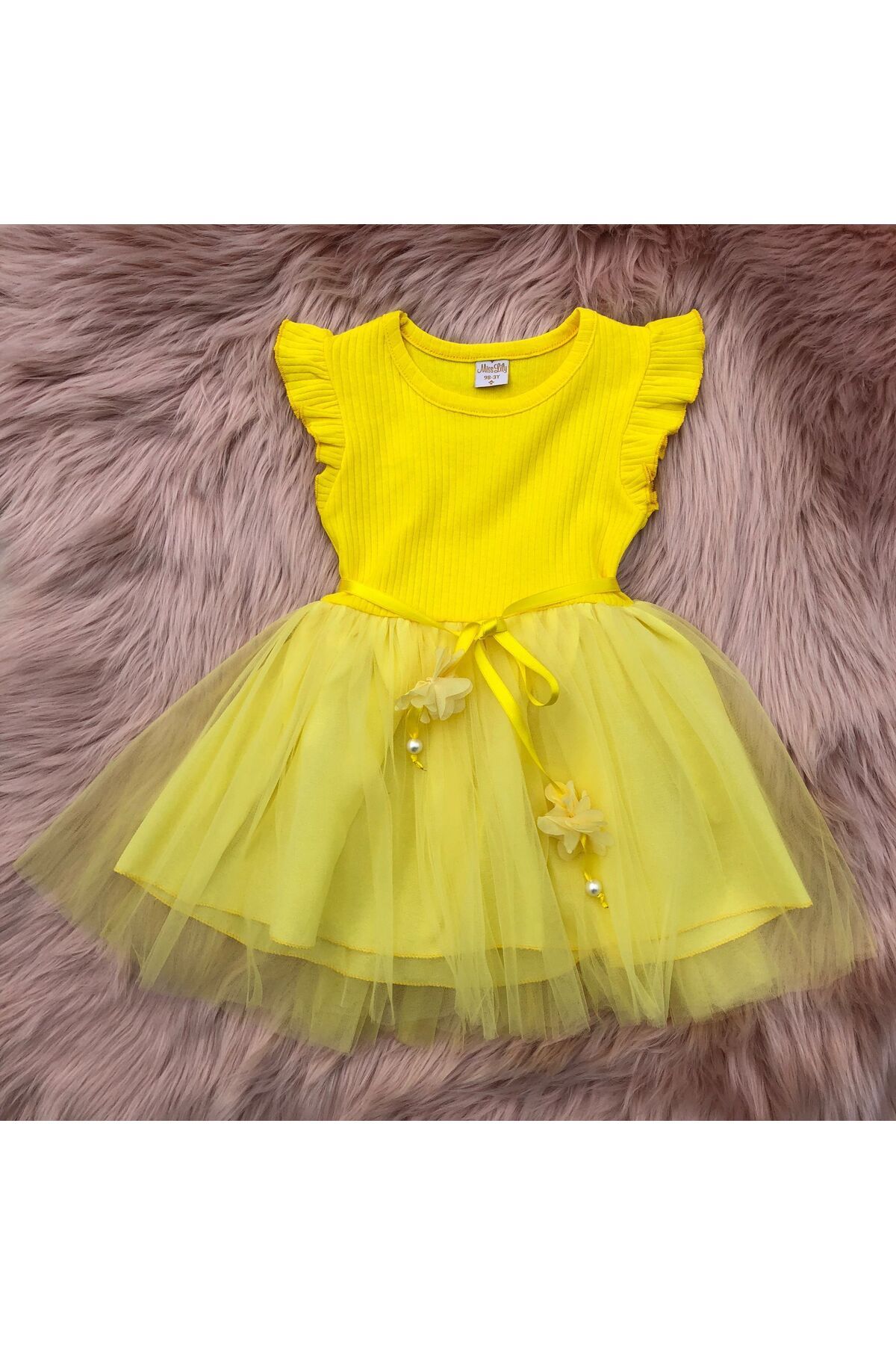 Retro Women Kız Çocuk Sarı Doğum Günü Özel Gün Günlük Pamuklu Tül Prenses Elbise