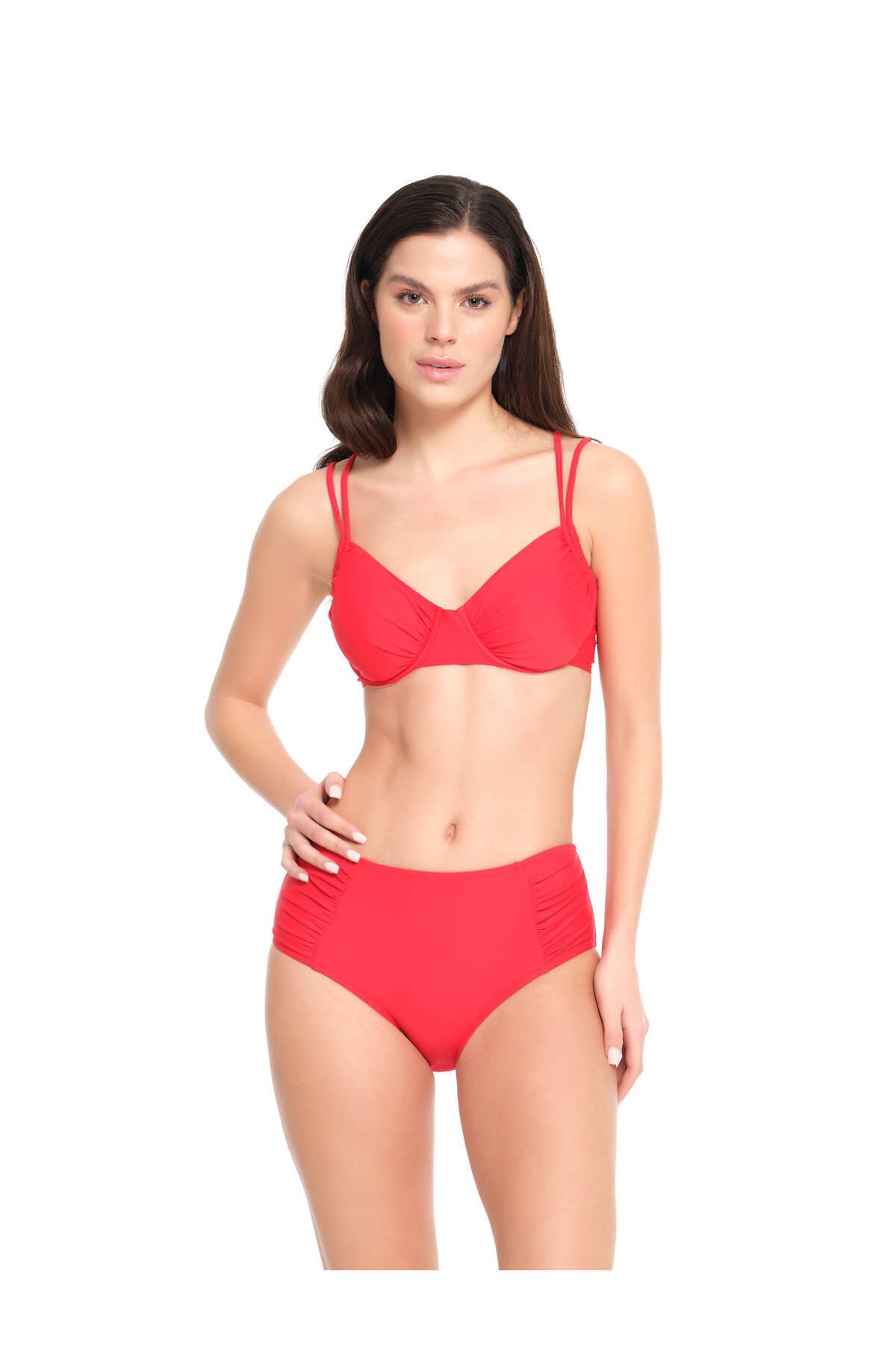 TOO SALTY SWIMWEAR Kadın Kırmızı Düz Balenli Toparlayıcı Yüksek Bel Bikini Takımı 23s102st