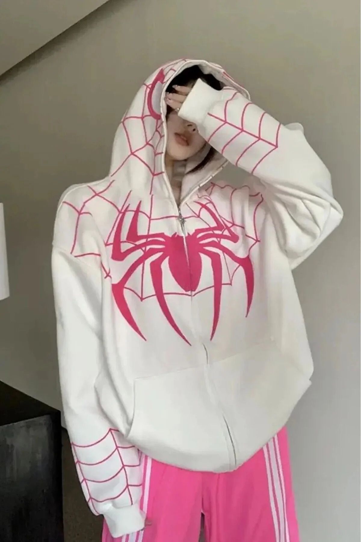 ellevana EBDO Beyaz Kapüşonlu Pembe Spiderman Maske Hırka