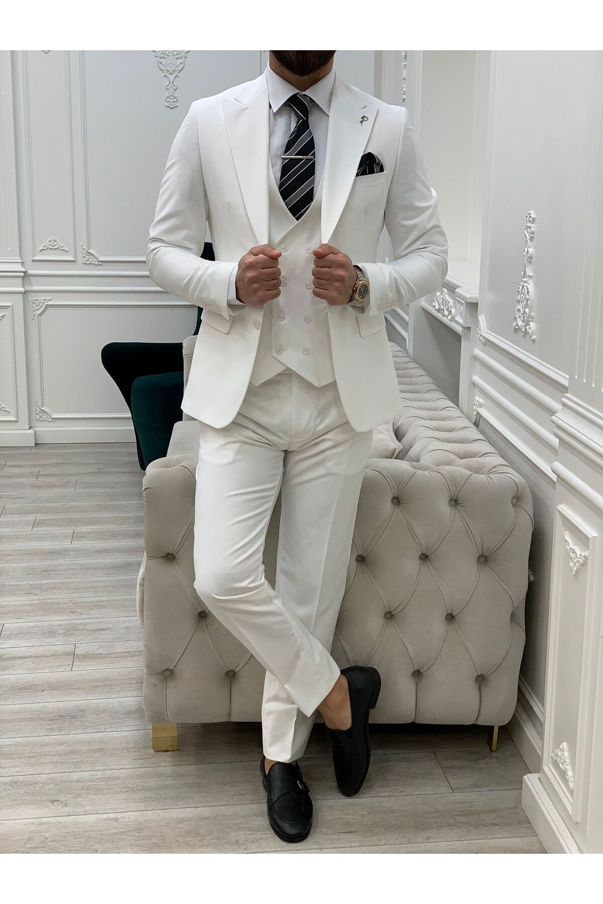 LONATOLİA Erkek Takım Elbise Kırlangıç Yaka İtalyan Kesim Slim Fit Ceket Yelek Pantolon