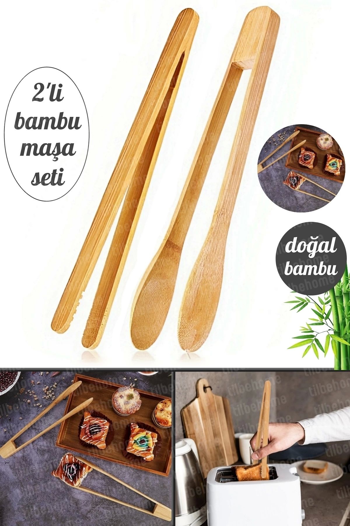 Tilbe Home 2'li Lüx Bambu Serisi Makarna Salata Maşası + Izgara Maşası Seti Mutfak Bambu Servis Maşa Seti